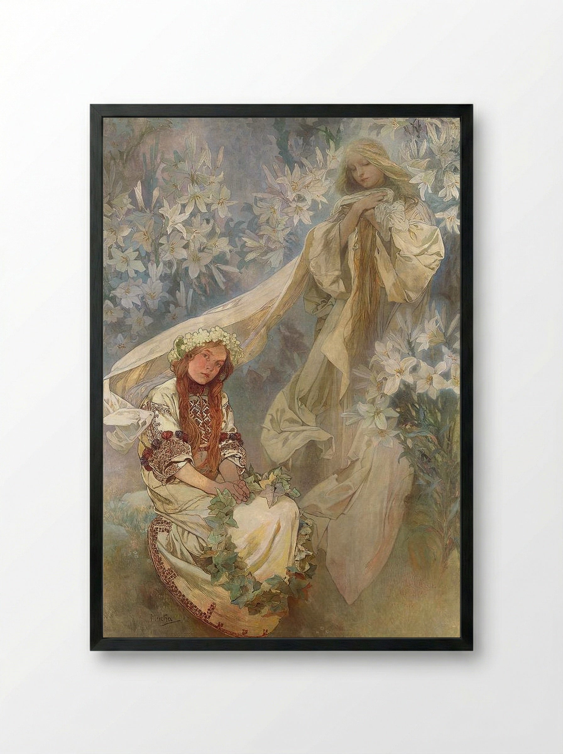 Madonna of the Lilies - Alphonse Mucha - Framed Print Black