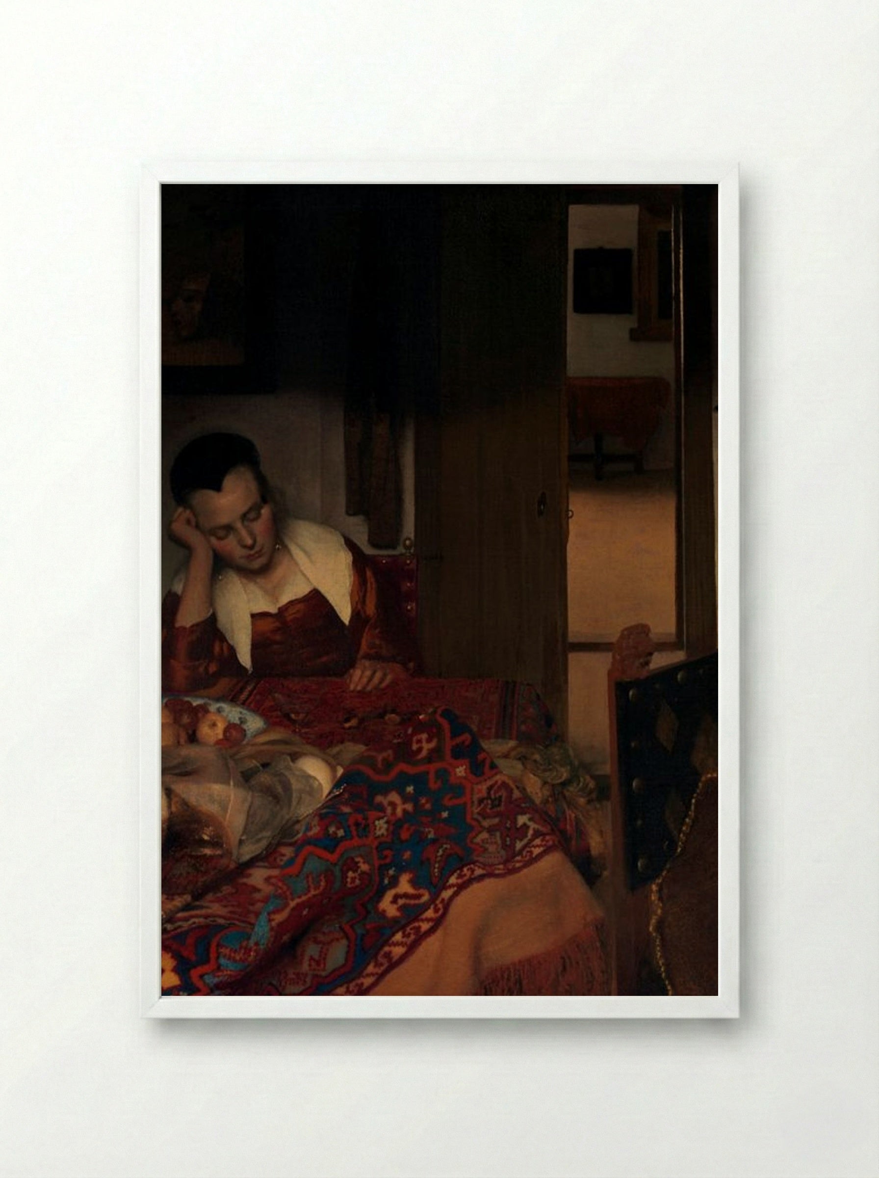 A Maid Asleep - Johannes Vermeer - Framed Print White
