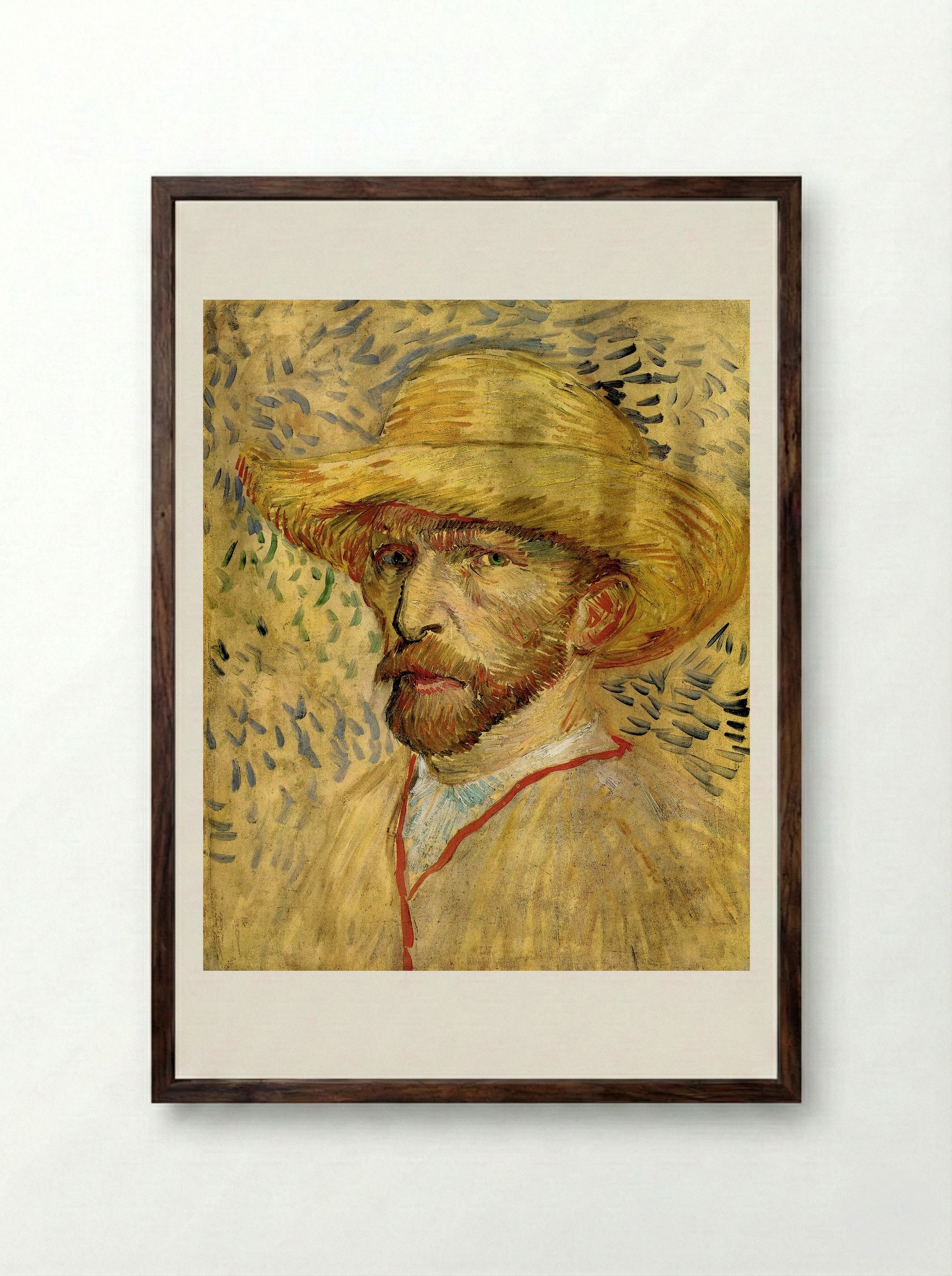 Self-Portrait with Straw Hat - Vincent van Gogh - Framed Print Dark Wood