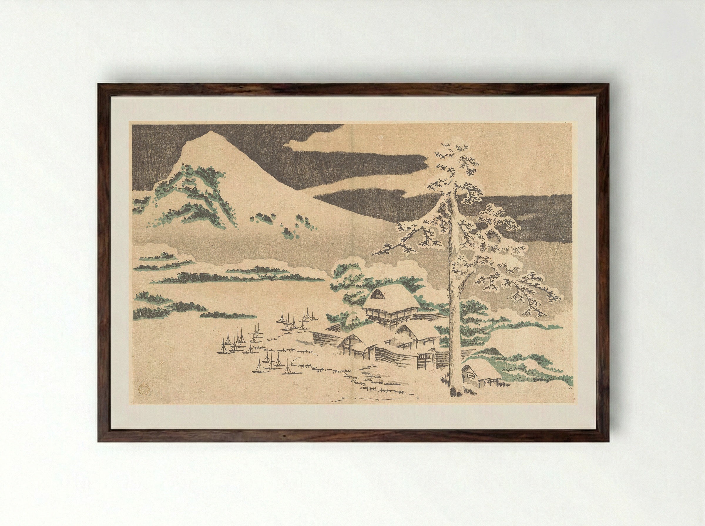 Seaside Village in Winter, from Hokusai’s Album of Realistic Pictures (Hokusai shashin gafu) - Katsushika Hokusai - Framed Print Dark Wood