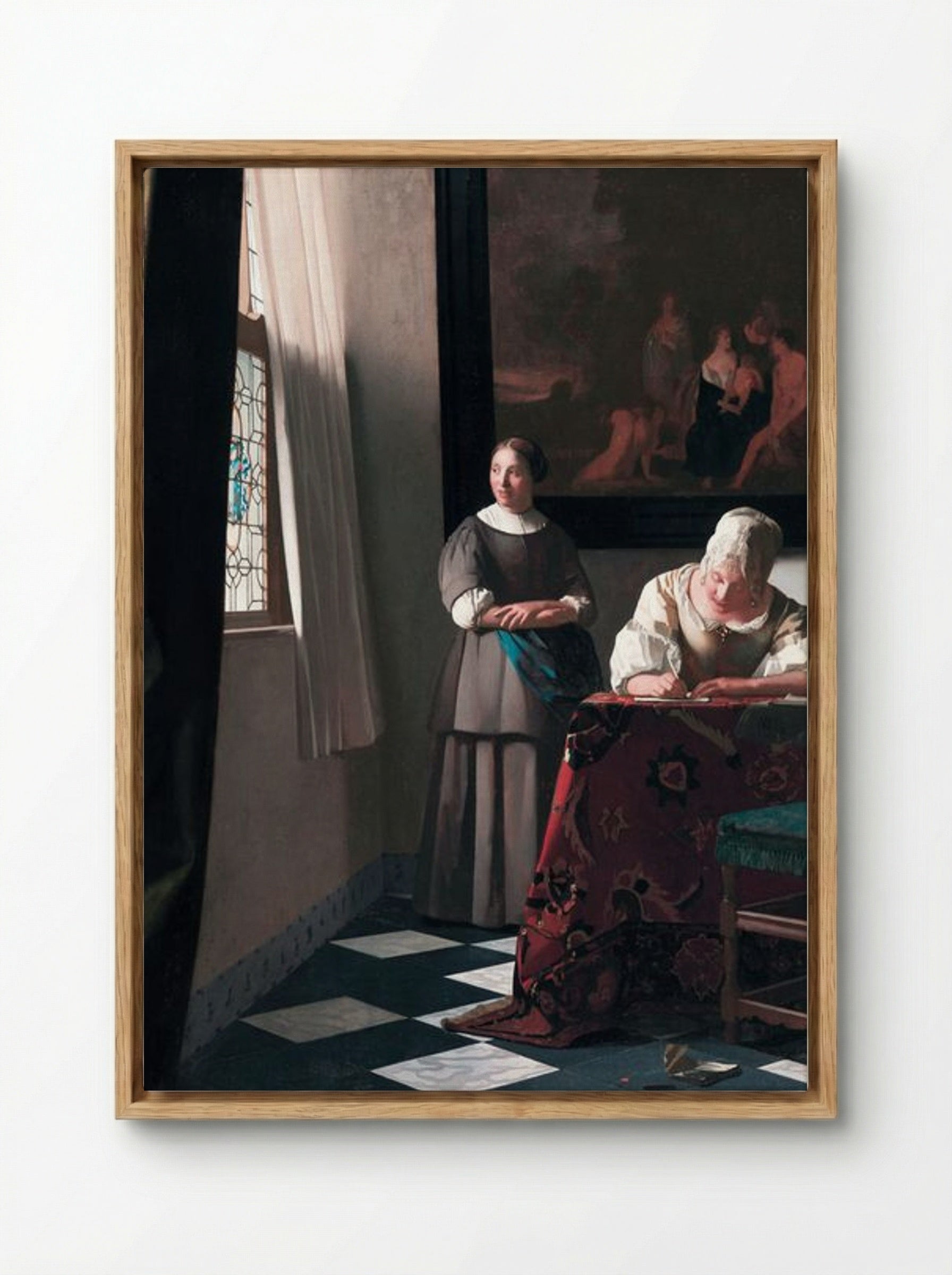 Lady Writing a Letter with her Maid - Johannes Vermeer - Framed Canvas Wood