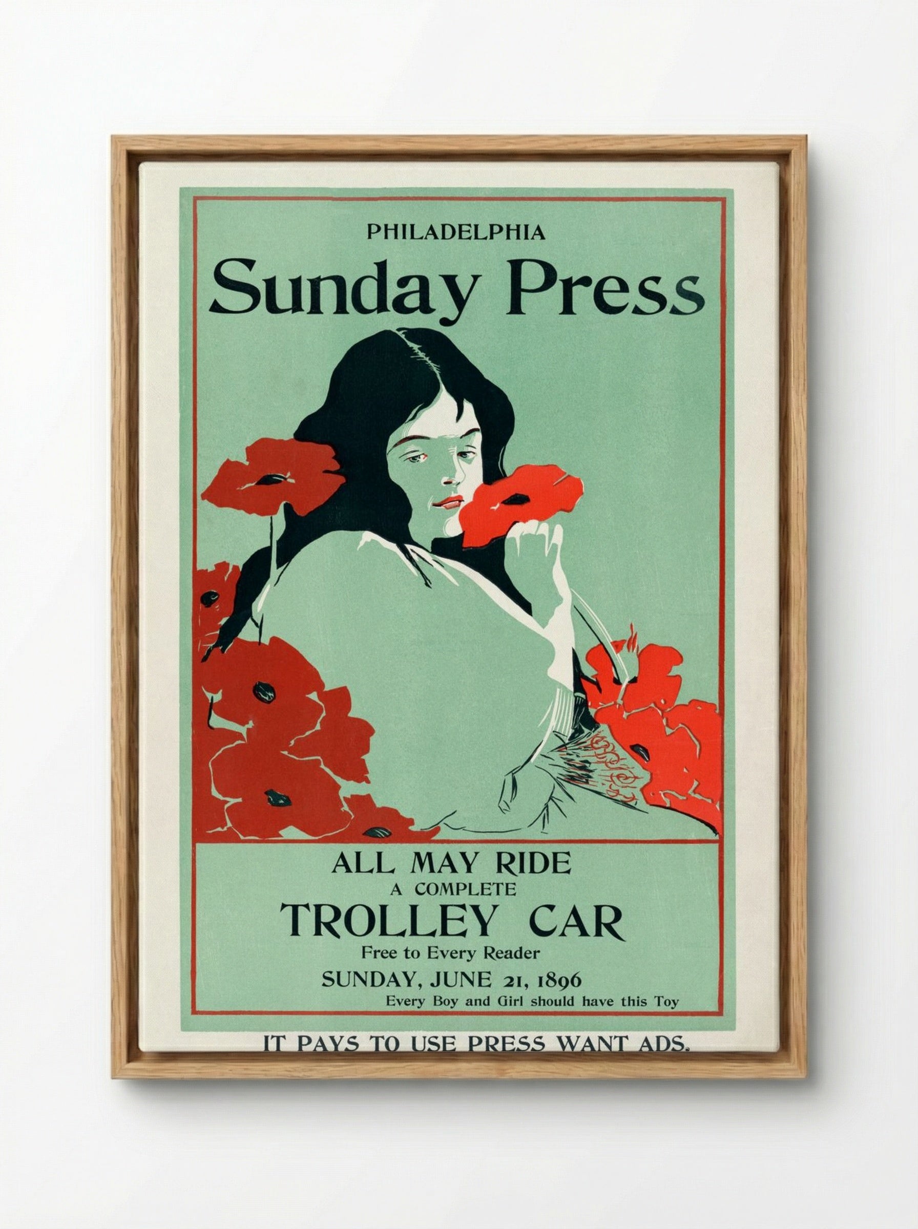 All May Ride: Philadelphia Sunday Press Trolley Car Advertisement - George Reiter Brill - Framed Canvas Wood
