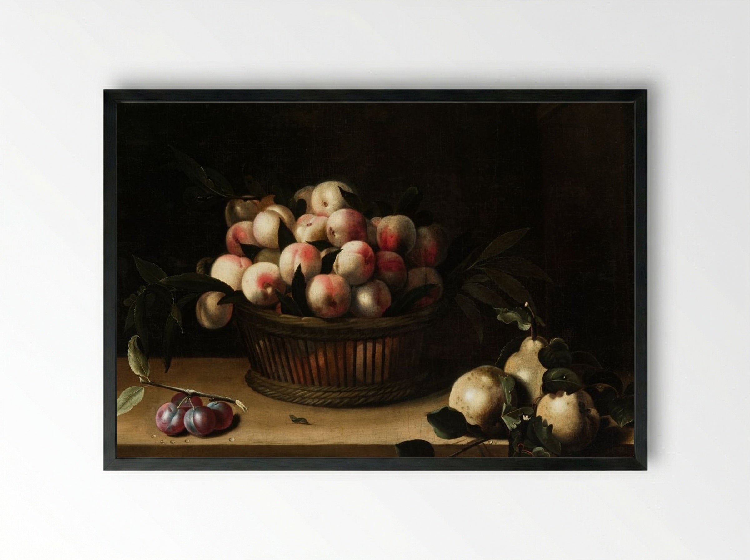 Basket of Peaches with Quinces and Plums - Louise Moillon - Framed Print Black