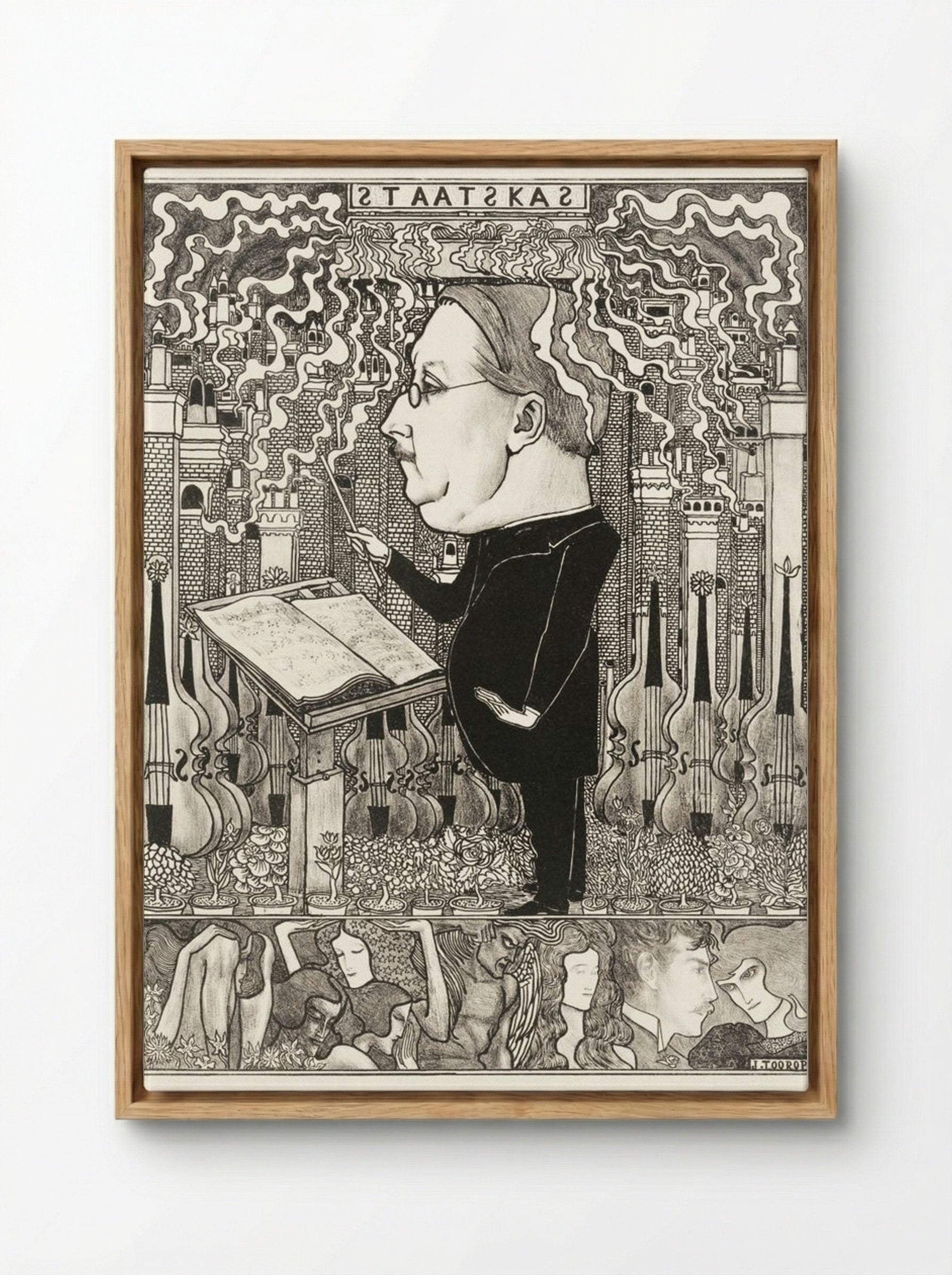 Conductor with Violins and Smoking Chimneys Behind - Jan Toorop - Framed Canvas Wood