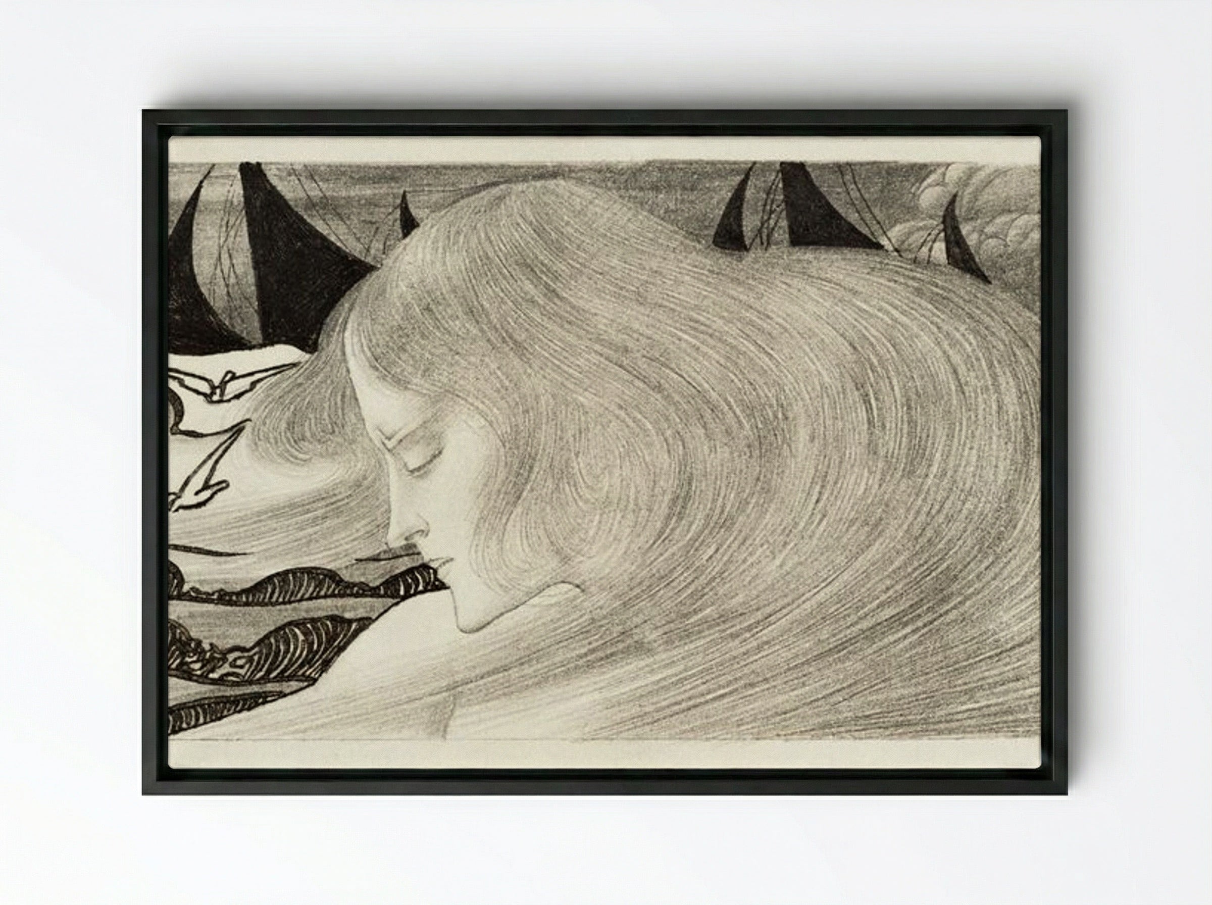Young Woman with Wavy Hair in Front of a Sea with Ships - Jan Toorop - Framed Canvas Black