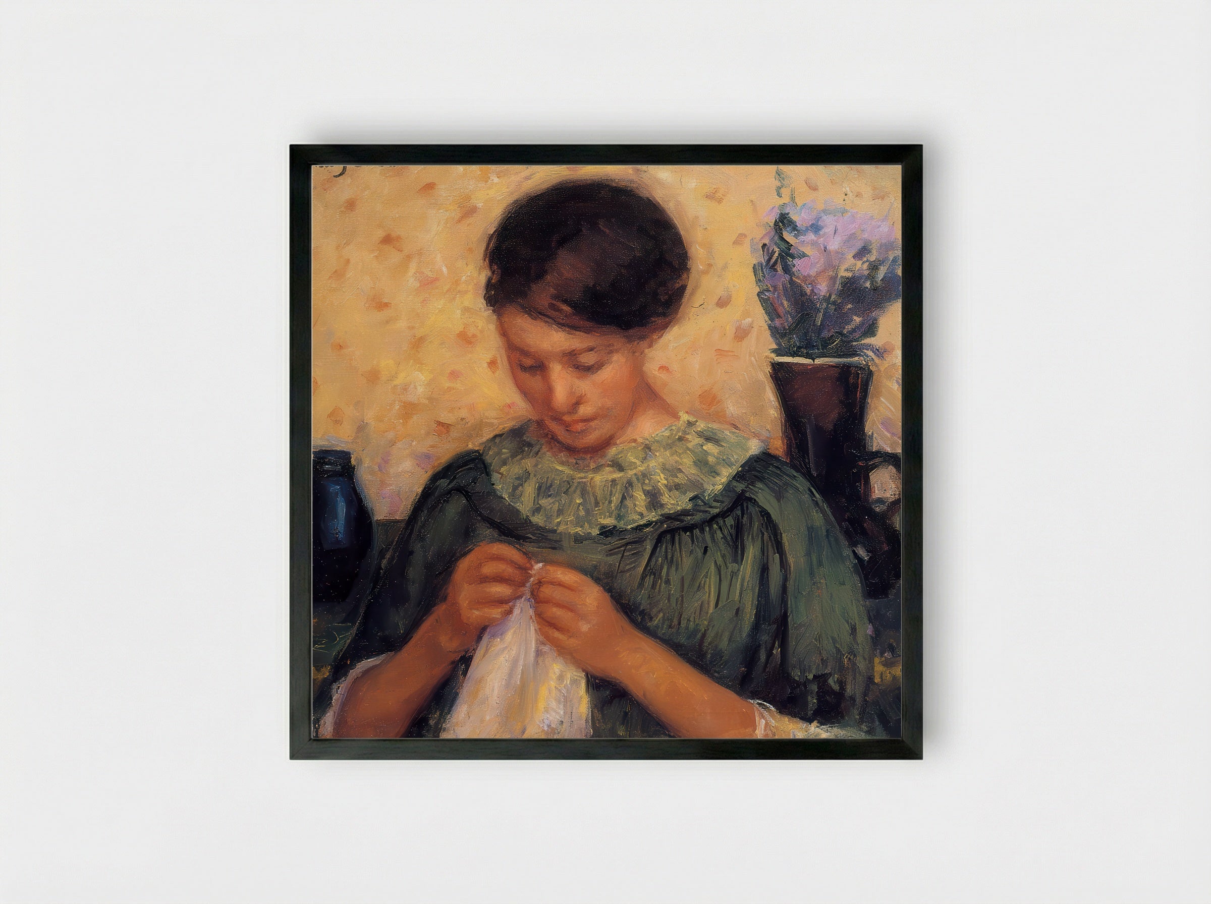 Young Woman Sewing - Mary Cassatt - Framed Print Black