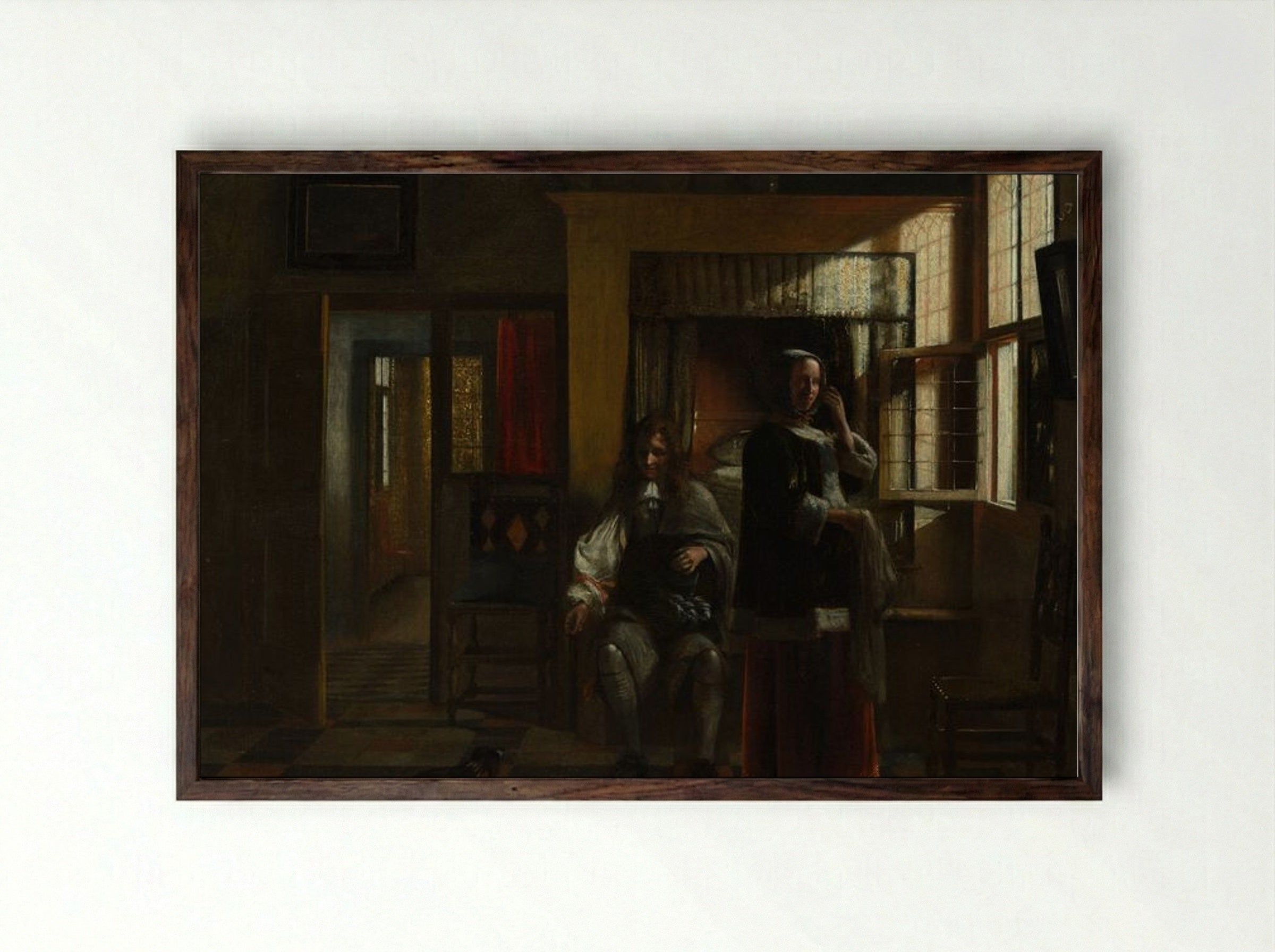 Interior with a Young Couple - Pieter de Hooch - Framed Print Dark Wood