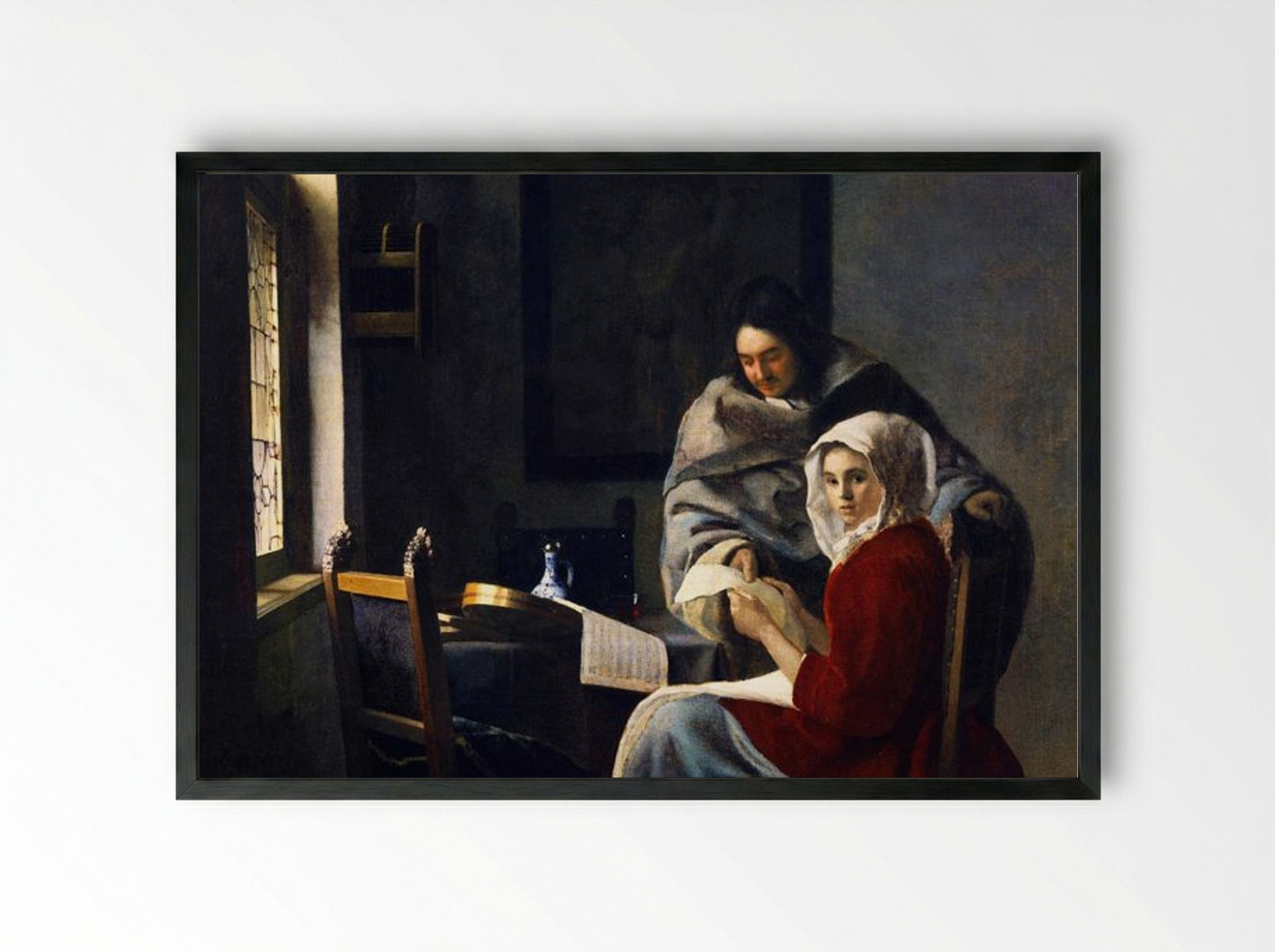 Girl Interrupted at Her Music - Johannes Vermeer - Framed Print Black