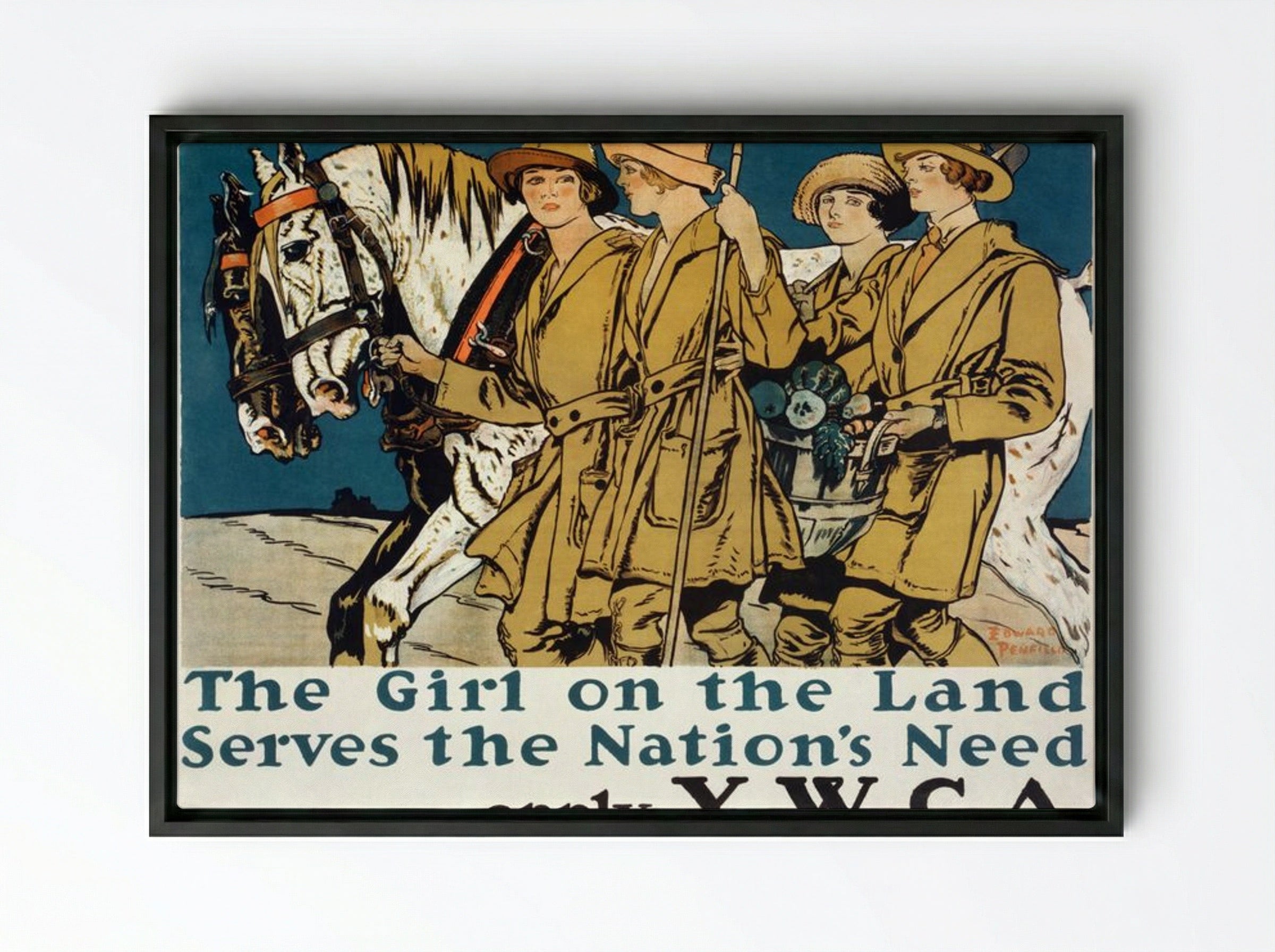 The Girl on the Land Serves the Nation's Need - Edward Penfield - Framed Canvas Black