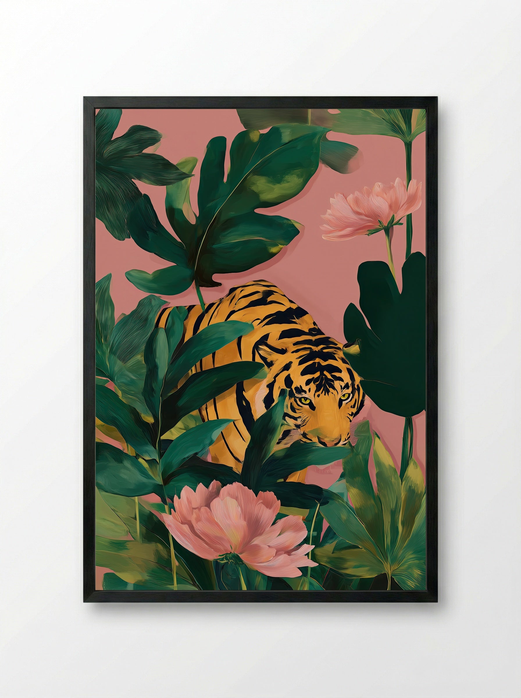 Golden Jungle Tiger Botanical Art Print - Framed Print Black