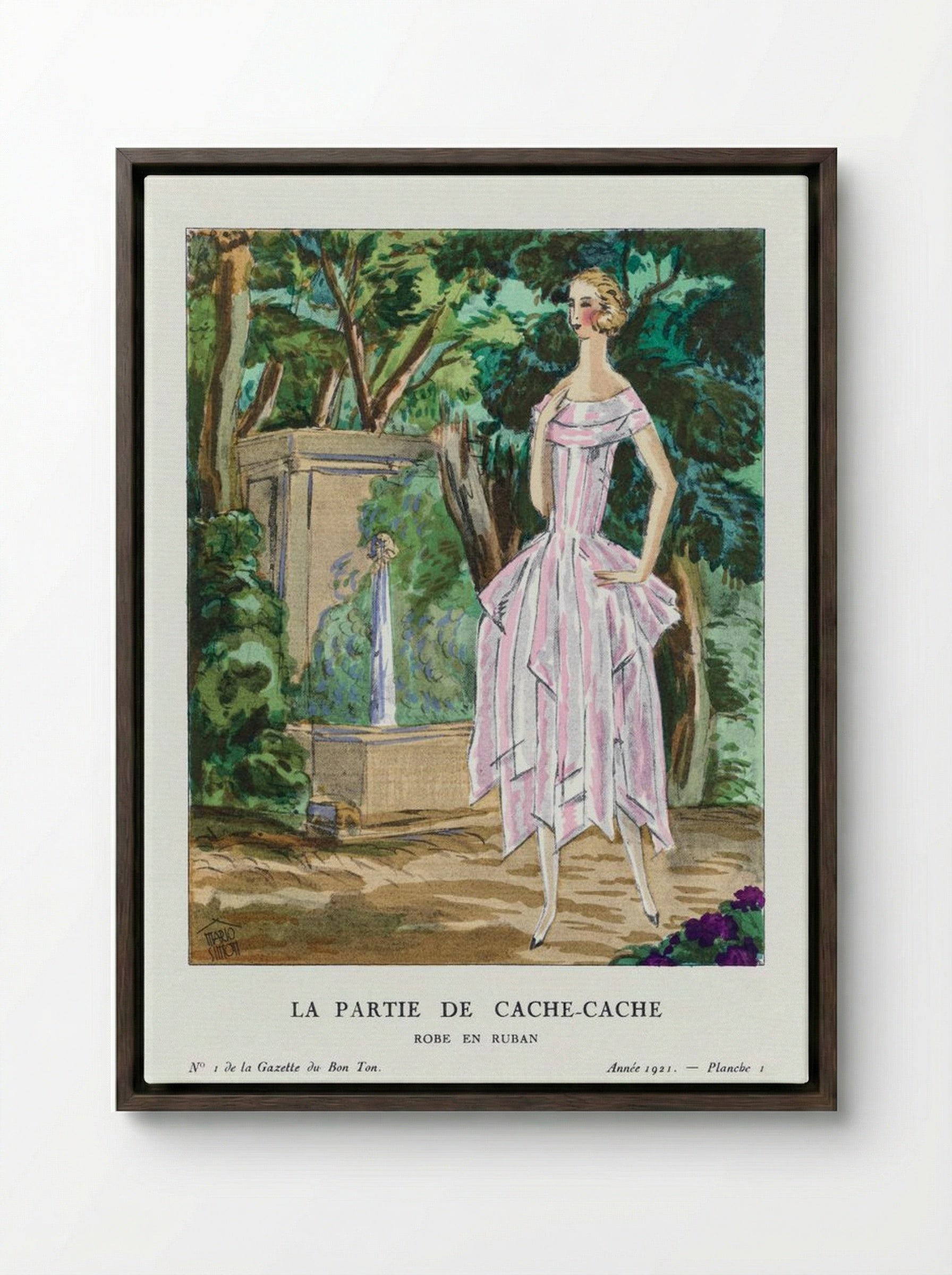 La Partie de Cache-Cache (Robe en Ruban) - Mario Simon - Framed Canvas Dark Wood