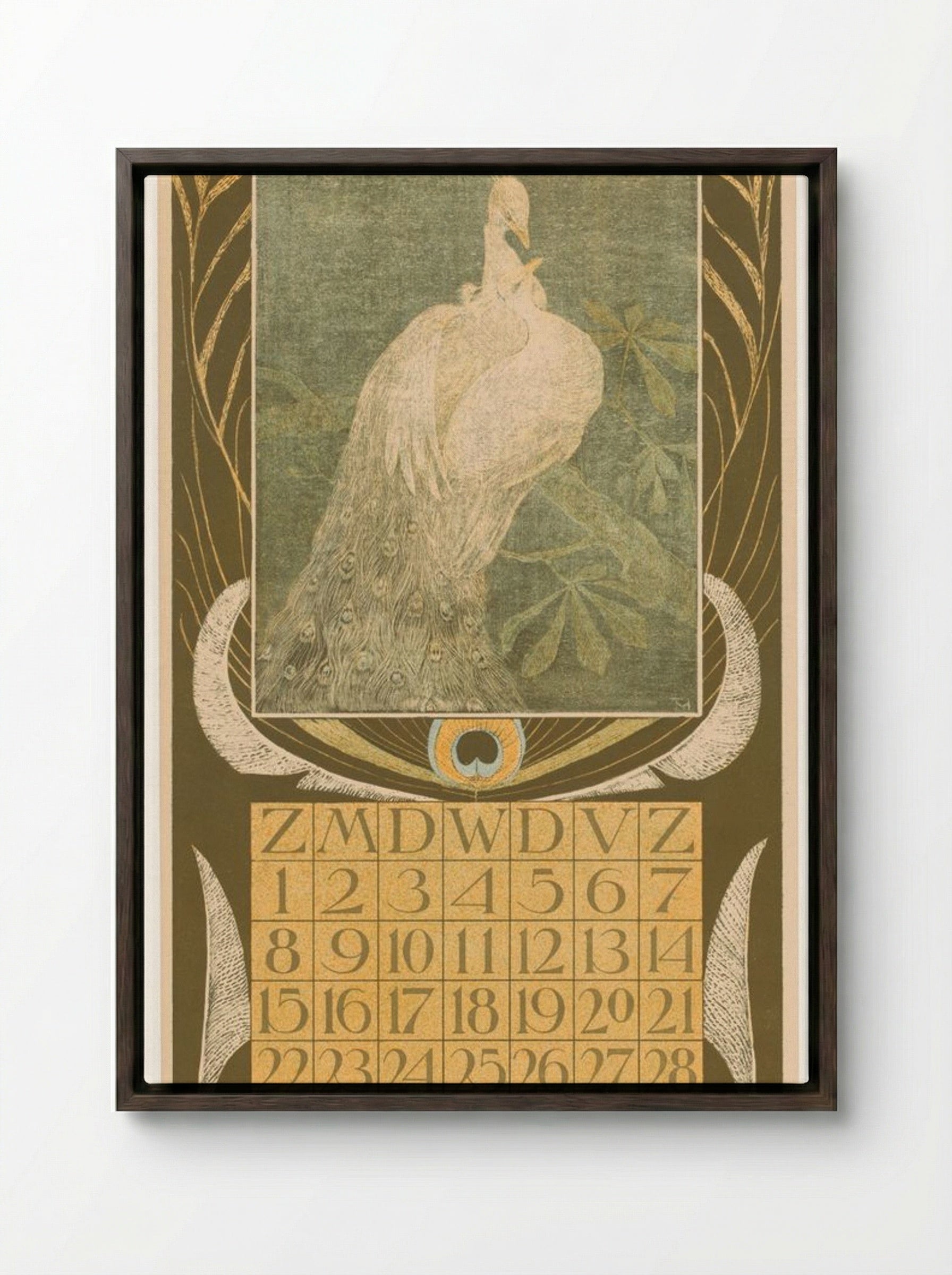 Kalenderblad Mei met Twee Pauwen - Theo van Hoytema - Framed Canvas Dark Wood
