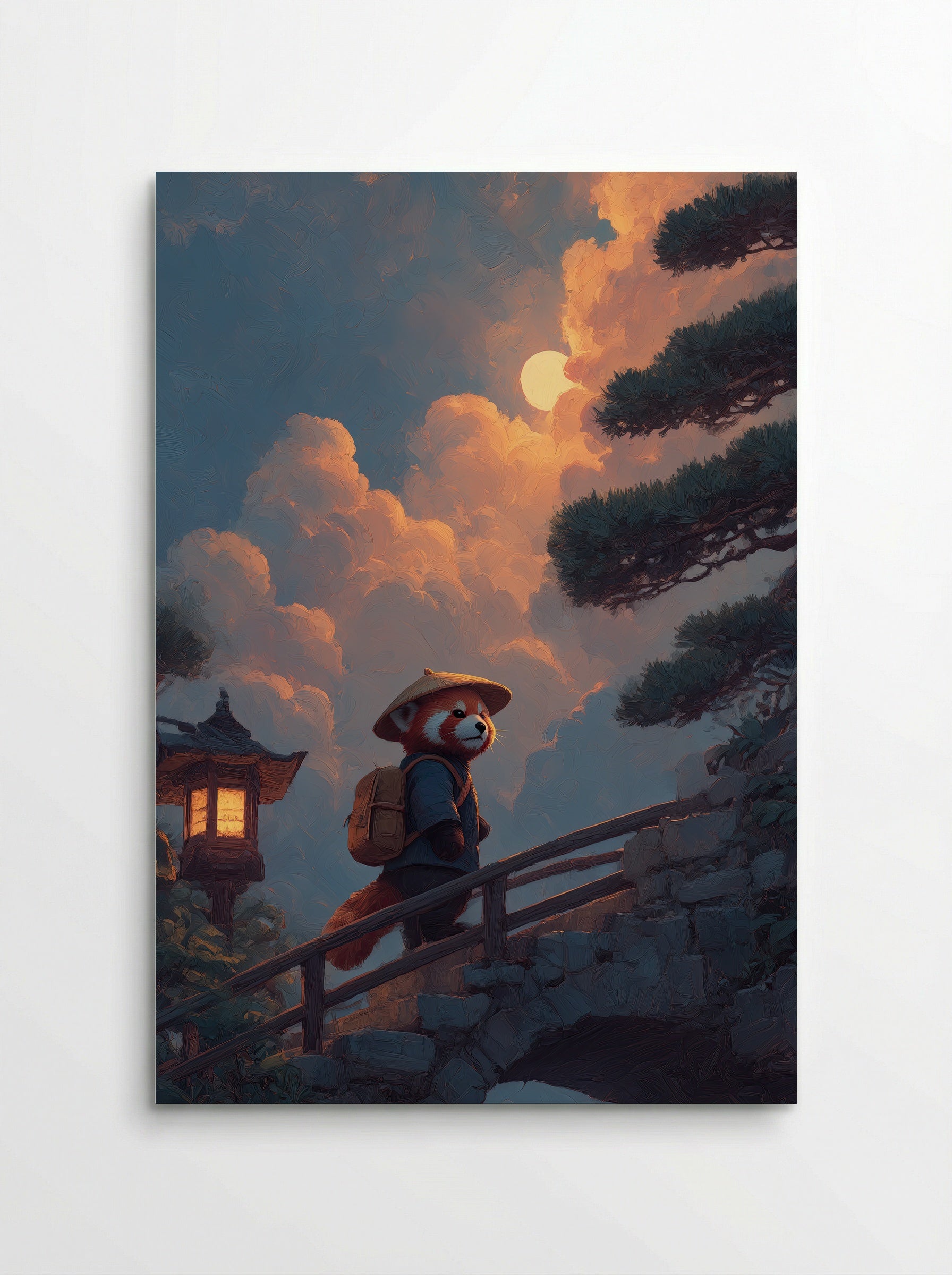 Evening Journey – Red Panda Lantern Walk Art Print - Poster
