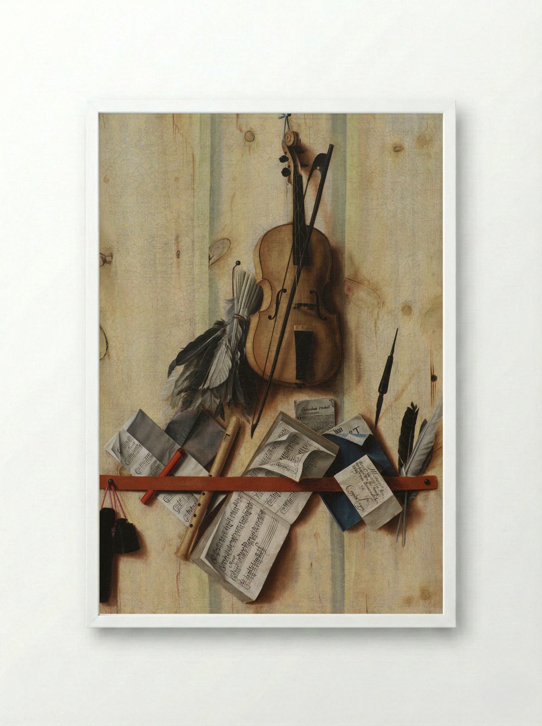 Trompe l'oeil with violin, sheet music and recorder - Cornelis Norbertus Gysbrechts - Framed Print White
