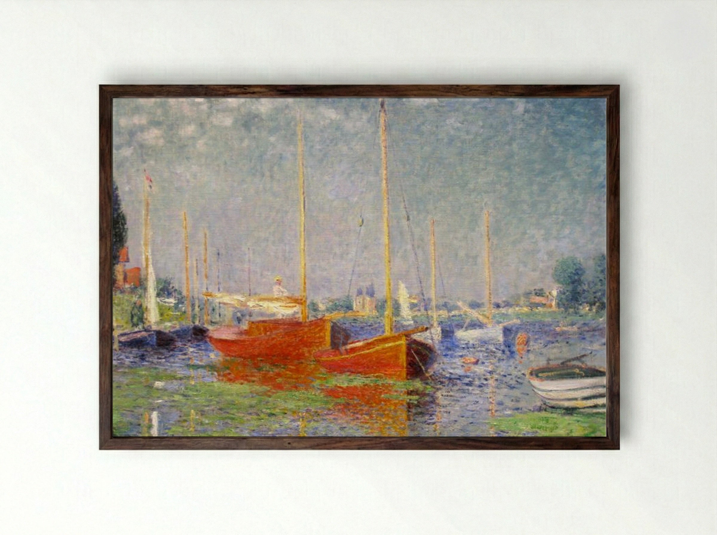 Red Boats at Argenteuil - Claude Monet - Framed Print Dark Wood