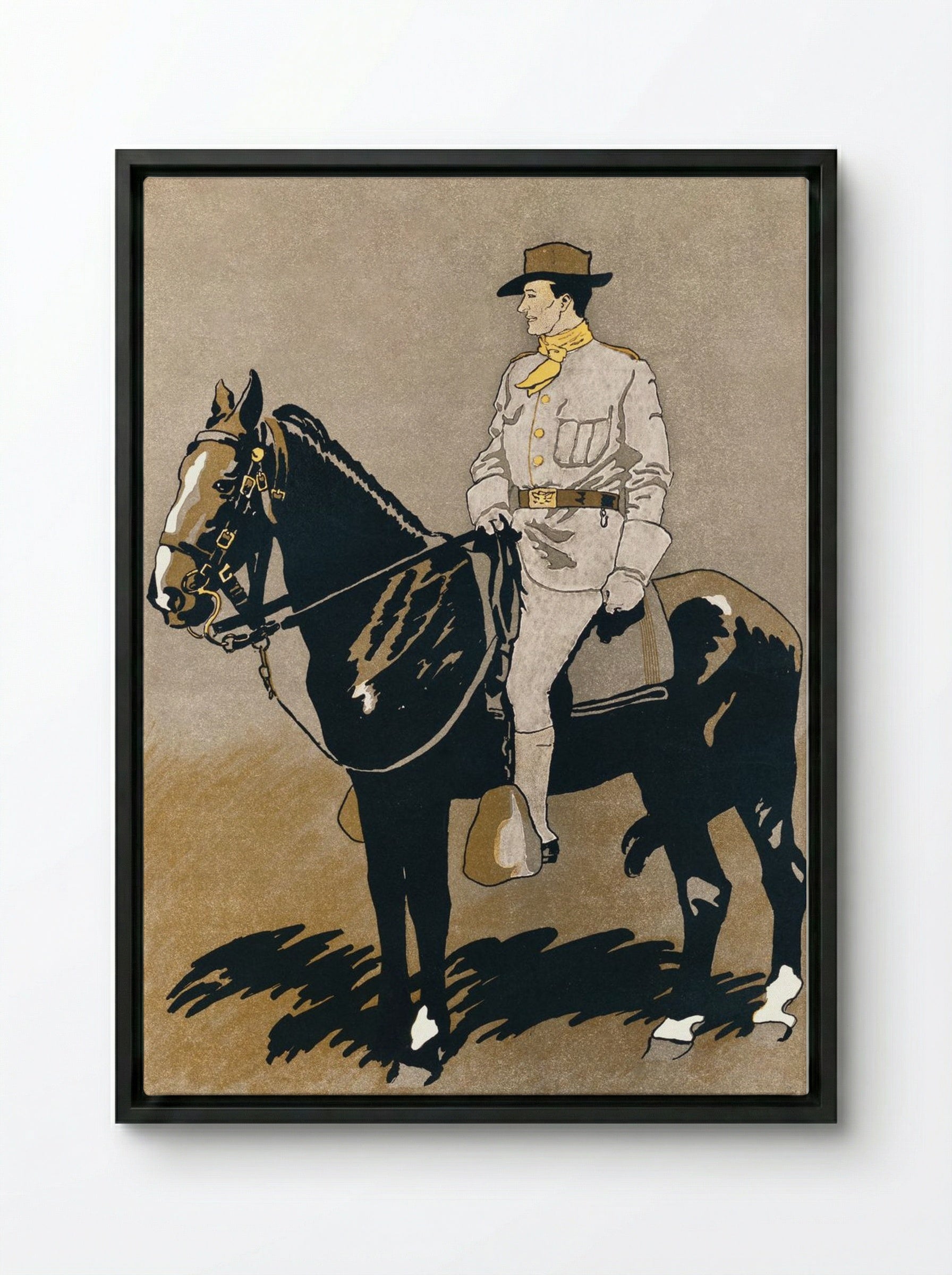 Soldier Riding a Horse - Edward Penfield - Framed Canvas Black