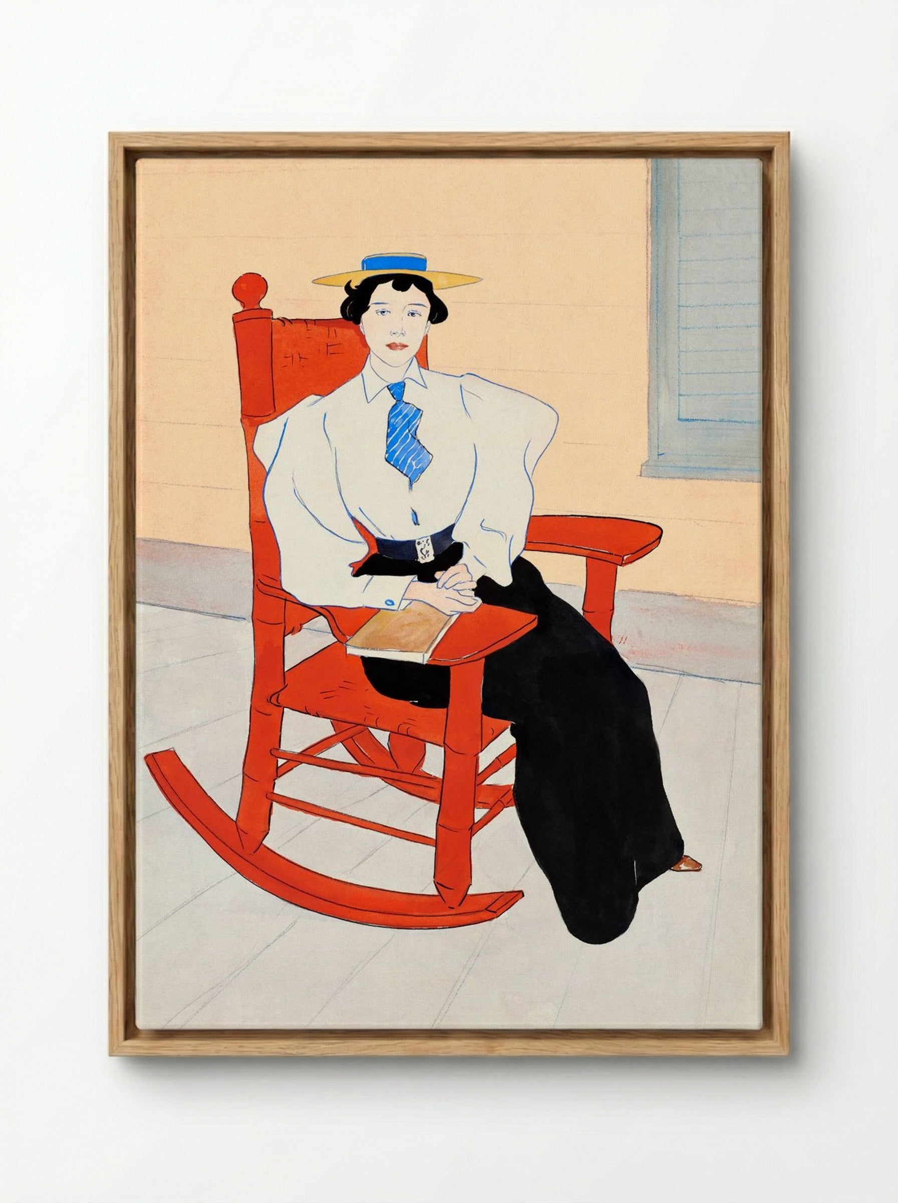 Young Woman Seated in a Red Rocking Chair - Edward Penfield - Framed Canvas Wood