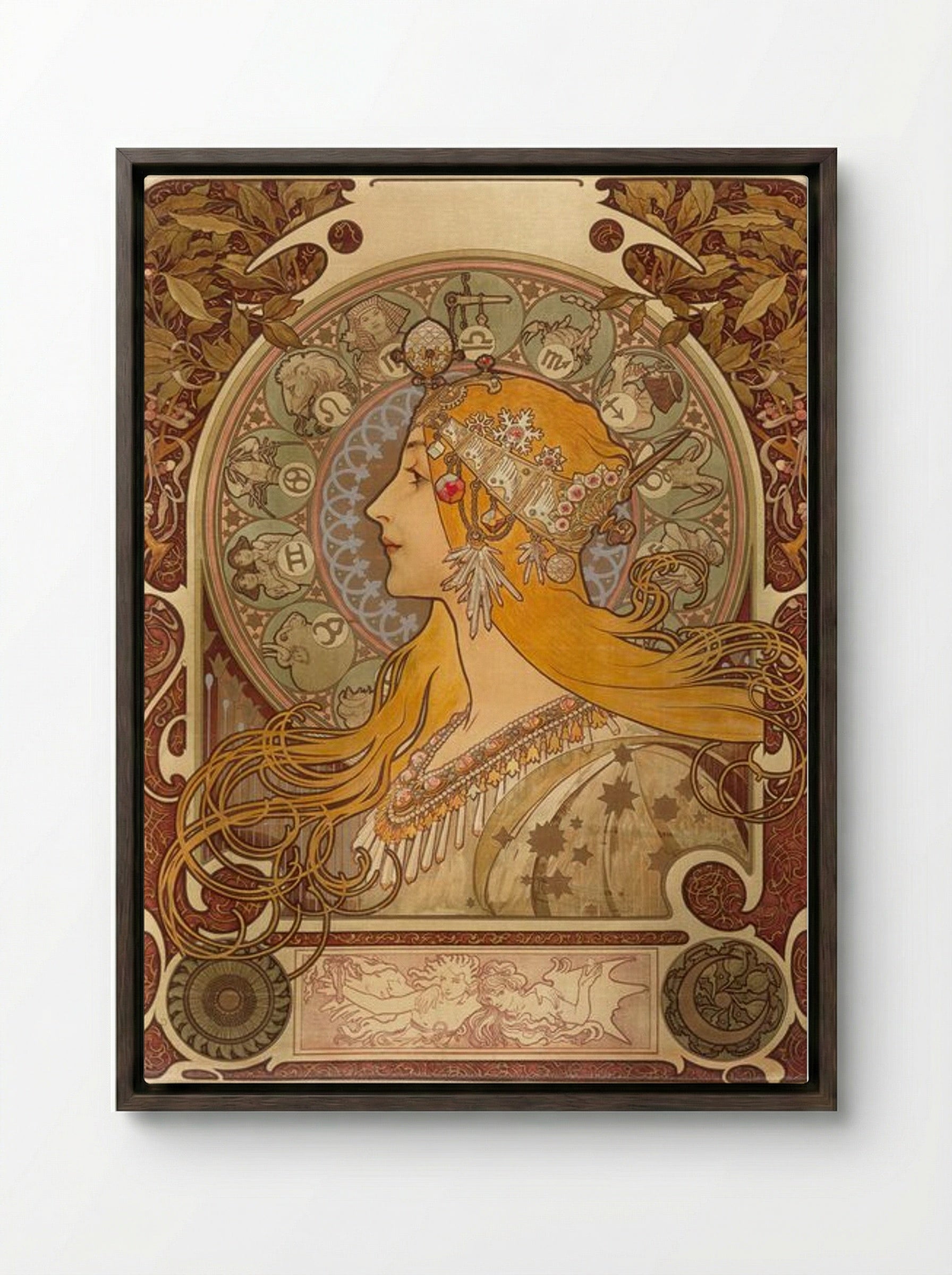 Zodiac - Alphonse Mucha - Framed Canvas Dark Wood