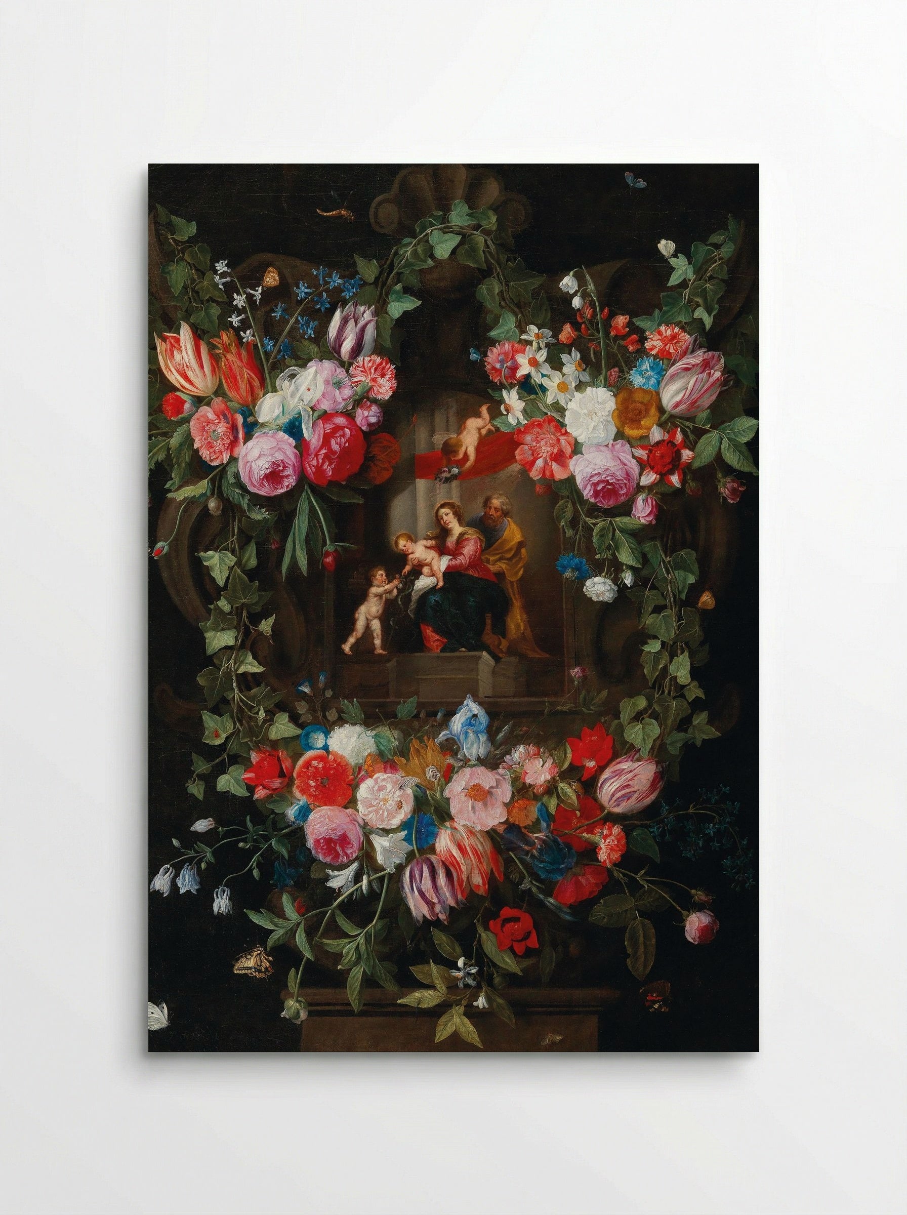 A Wreath of Flowers Surrounding a Cartouche with the Holy Family and Putti - Jan van Kessel the Elder - Poster