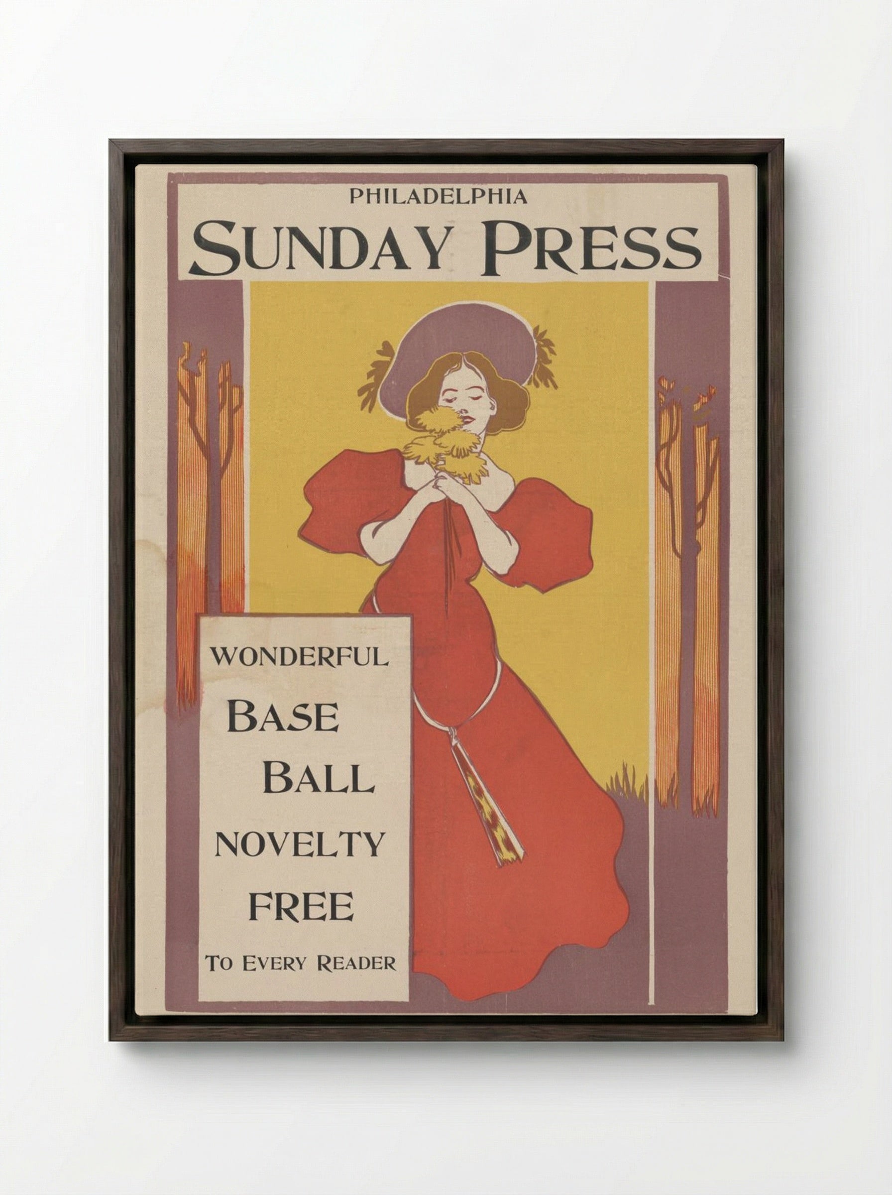 Philadelphia Sunday Press Baseball Novelty Advertisement - Fine Art Print - Framed Canvas Dark Wood
