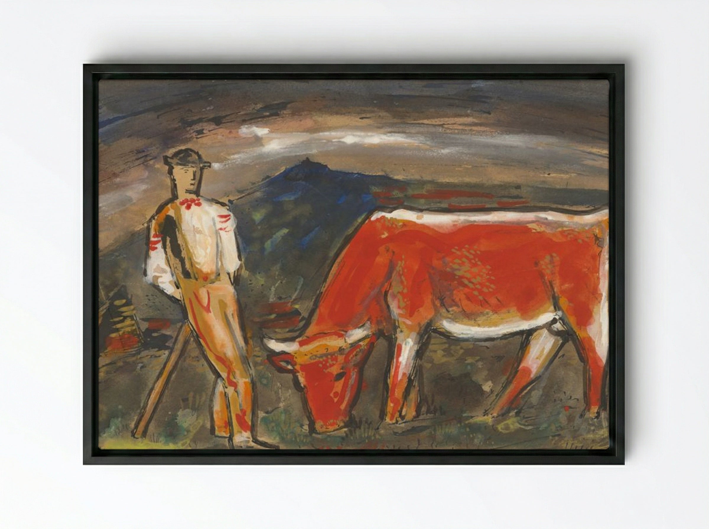 Shepherd with Red Cow - Mikuláš Galanda - Framed Canvas Black