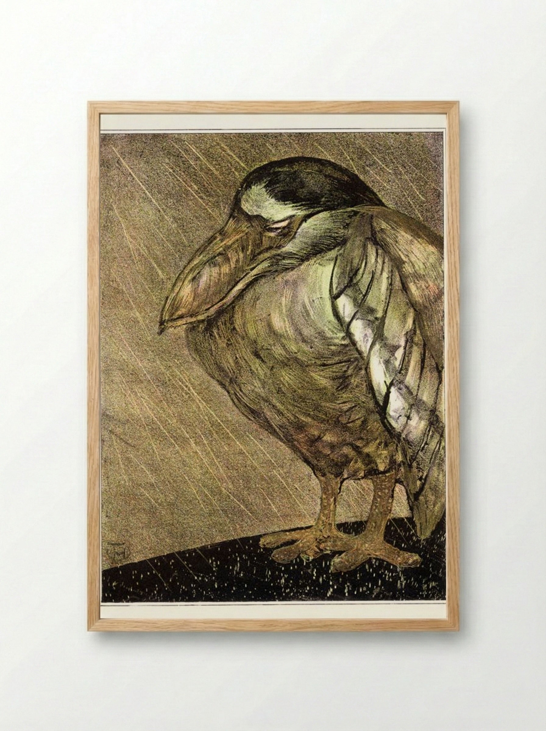 Schuitbekreiger in de regen (Night Heron in the Rain) - Theodorus van Hoytema - Framed Print Wood