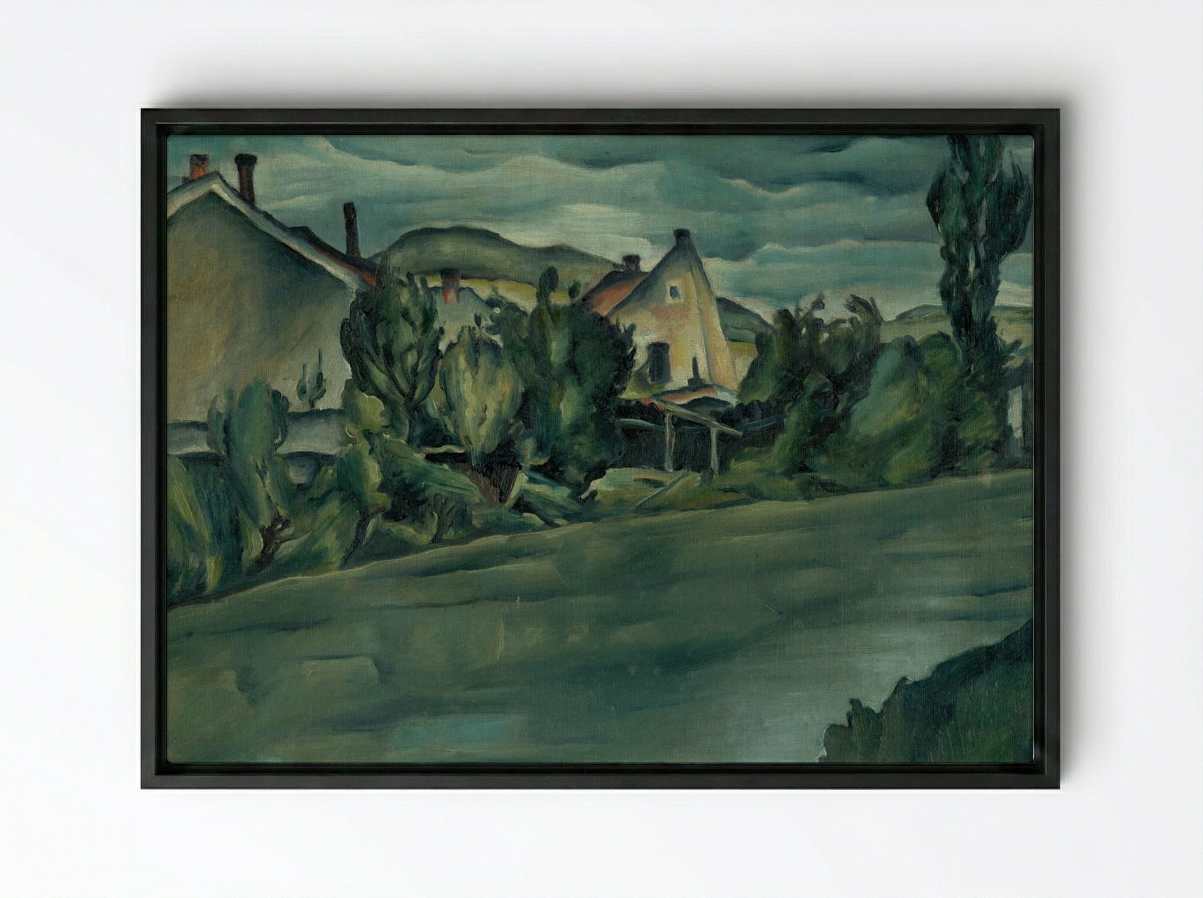 Landscape with Houses - Konstantin Bauer - Framed Canvas Black
