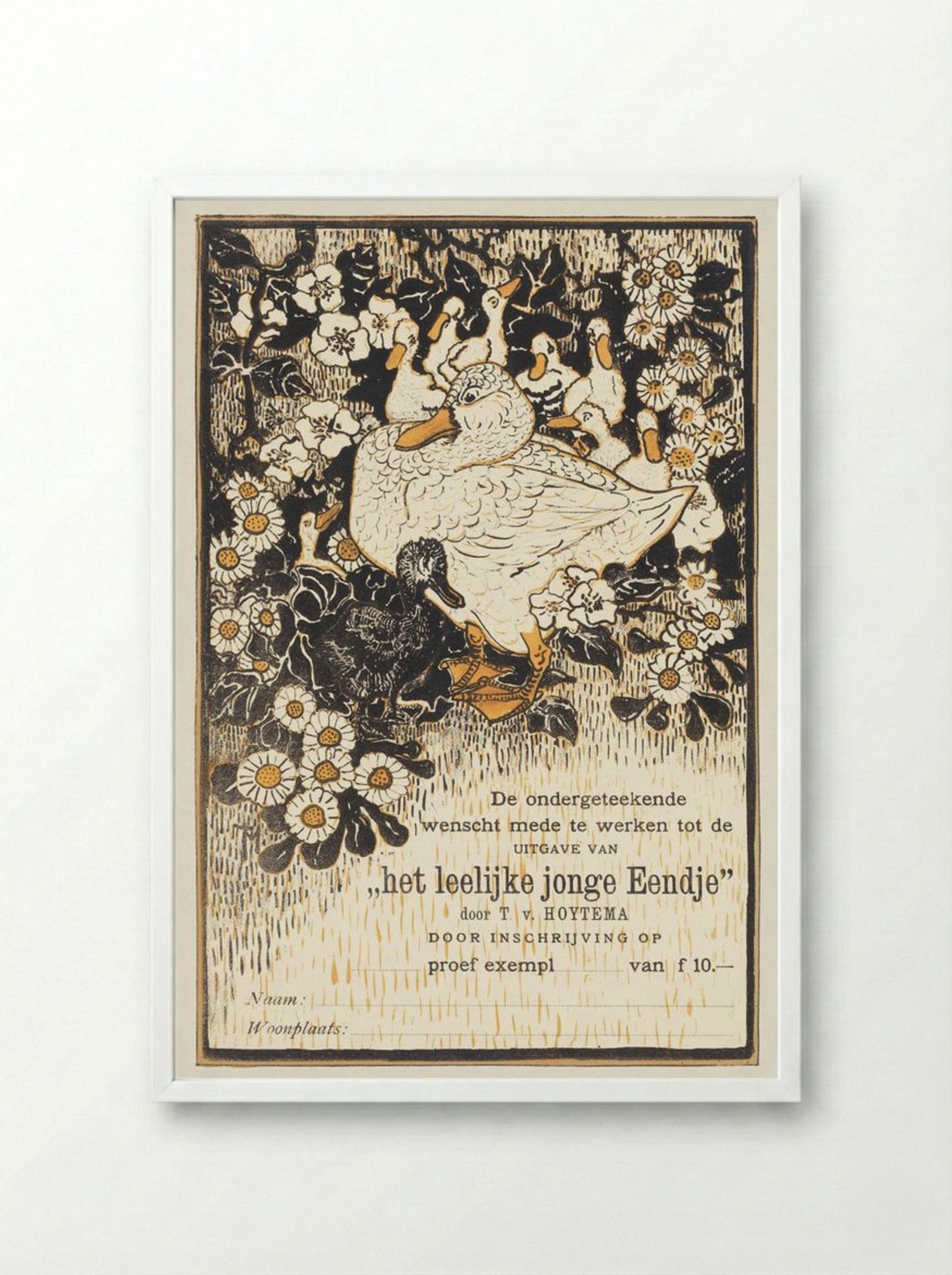 Bestelkaart voor proefexemplaar van 'Het leelijke jonge Eendje' - Theo van Hoytema - Framed Print White