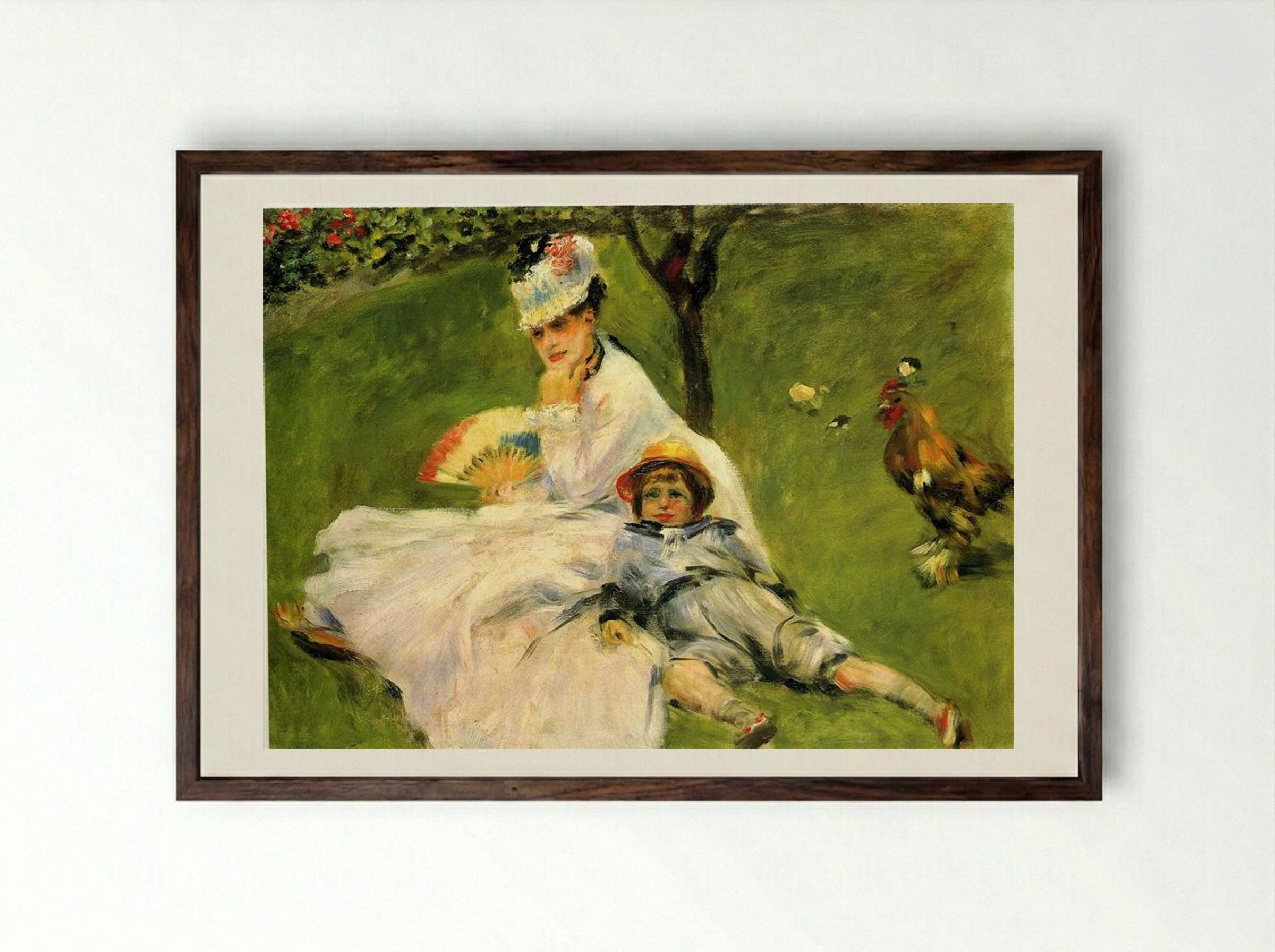 Camille Monet and Her Son Jean in the Garden at Argenteuil - Pierre-Auguste Renoir - Framed Print Dark Wood
