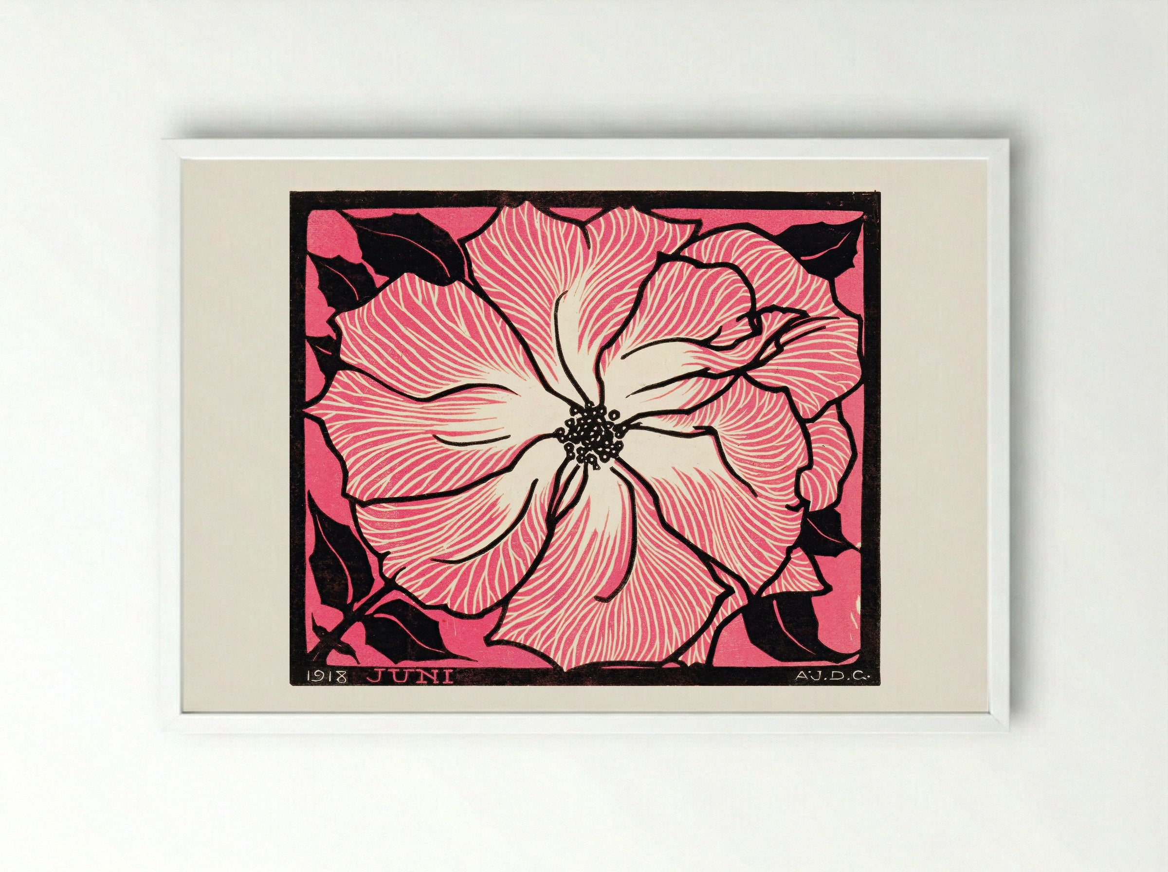 June (Floral Woodcut) - Julie de Graag - Framed Print White