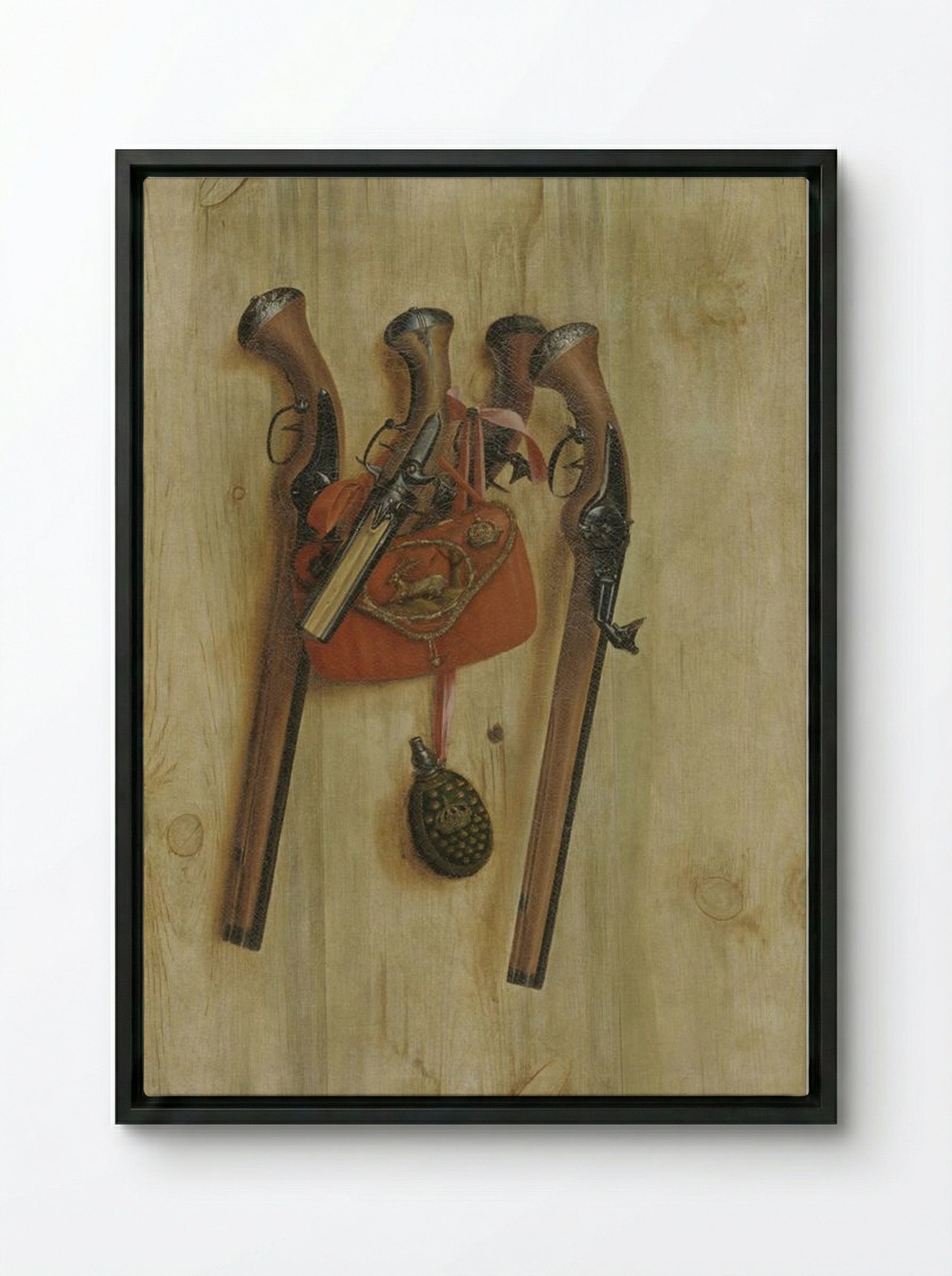 Trompe l'oeil with pistols - Cornelis Norbertus Gysbrechts - Framed Canvas Black