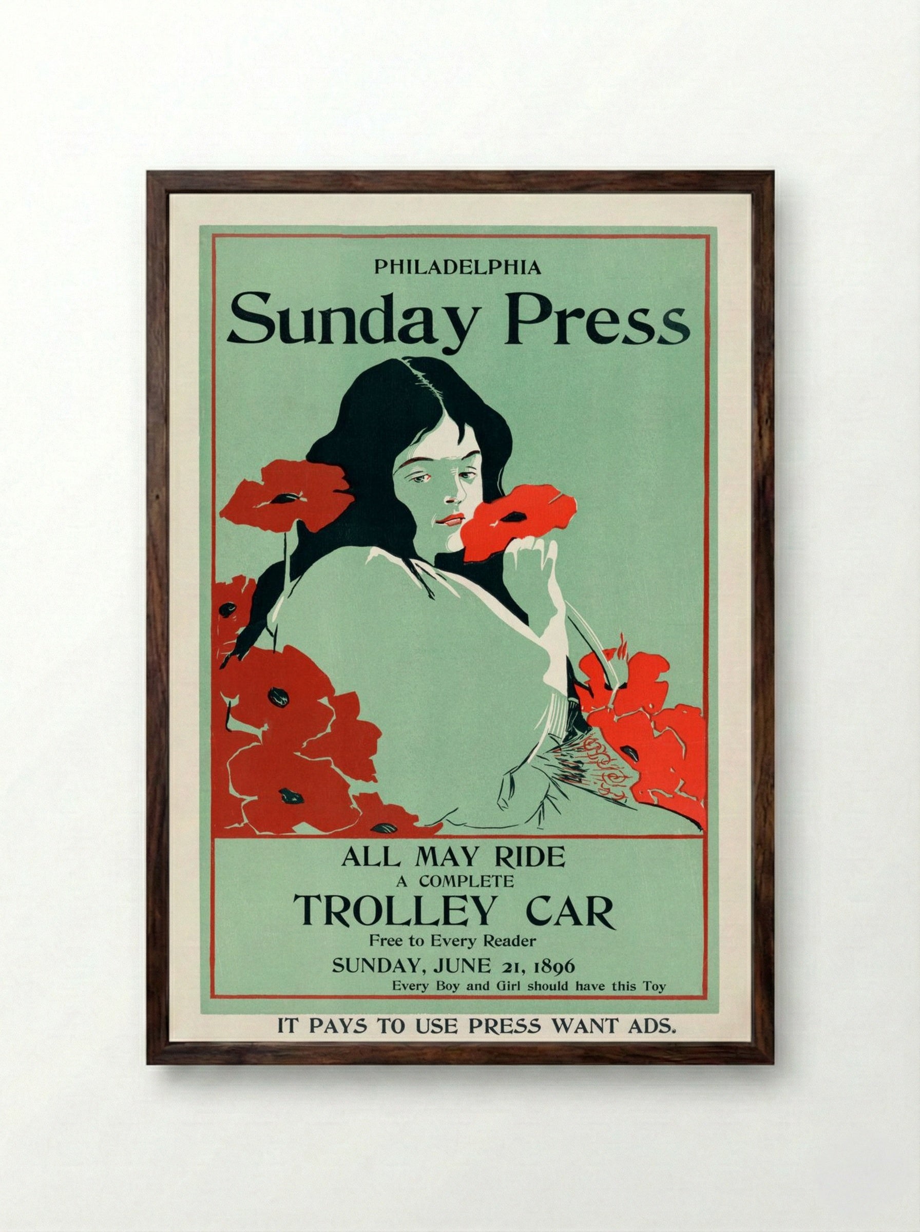 All May Ride: Philadelphia Sunday Press Trolley Car Advertisement - George Reiter Brill - Framed Print Dark Wood