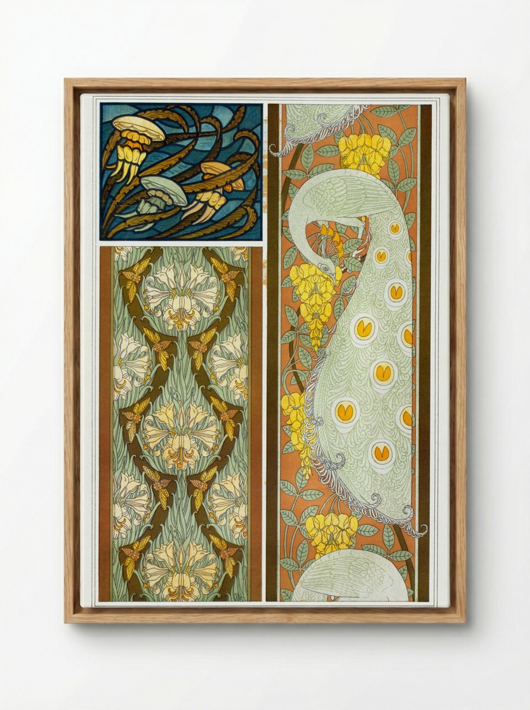 Meduses et Algues, Vitrail. Cigales et Lis, Paons et Cytise, Bordures (Plate 17 from L'animal dans la décoration) - Maurice Pillard Verneuil - Framed Canvas Wood