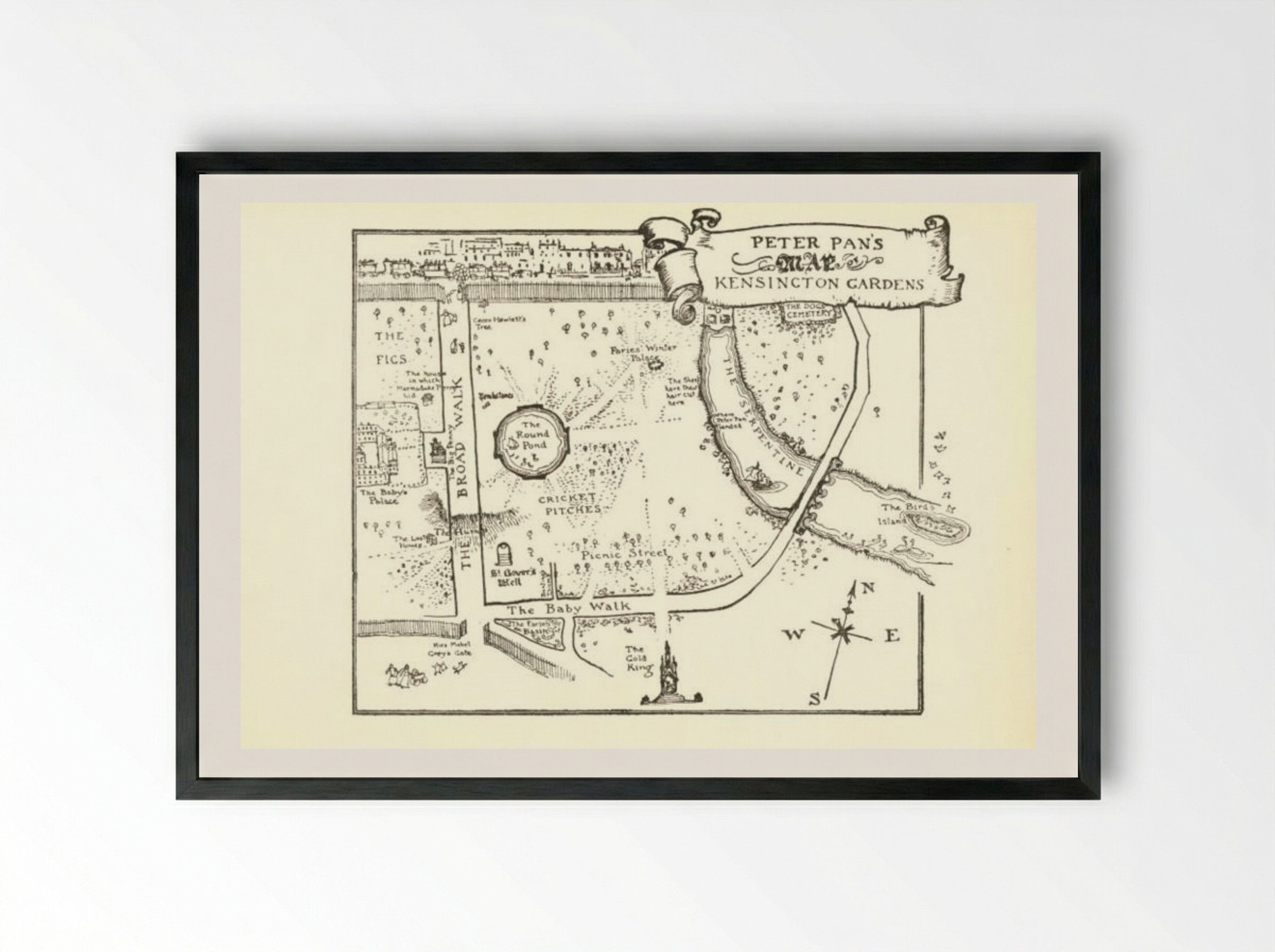 Map of Peter Pan's Kensington Gardens - Arthur Rackham - Framed Print Black