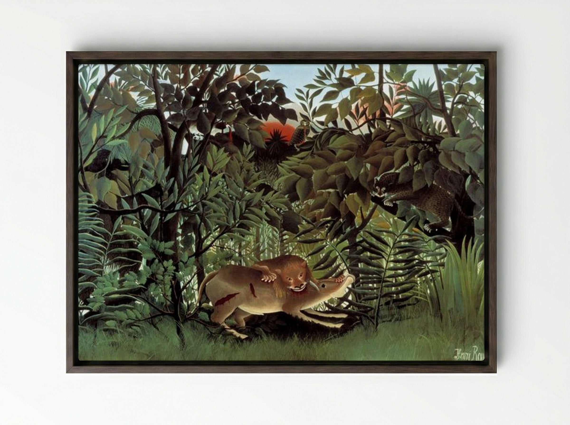 The Hungry Lion Throws Itself on the Antelope - Henri Rousseau - Framed Canvas Dark Wood