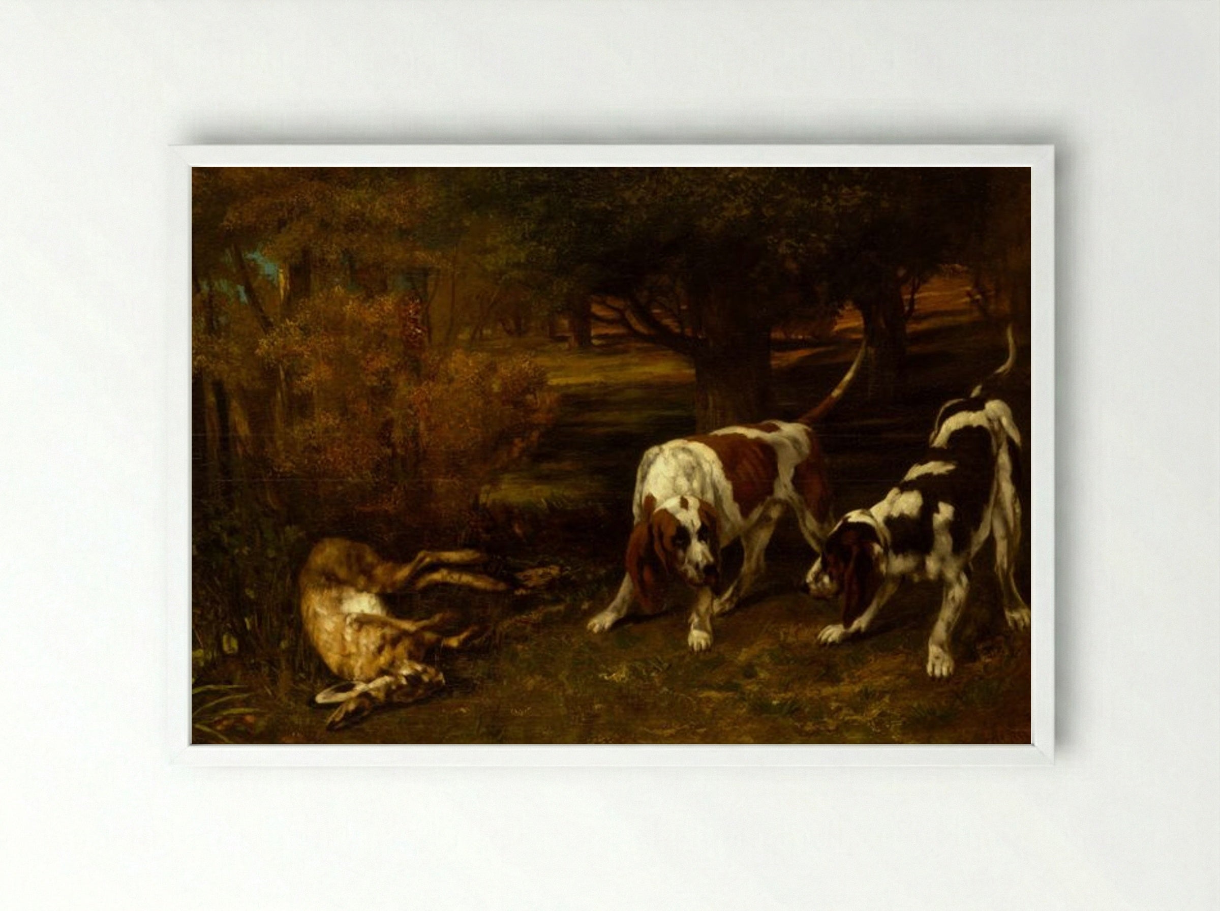 Hunting Dogs with Dead Hare - Gustave Courbet - Framed Print White
