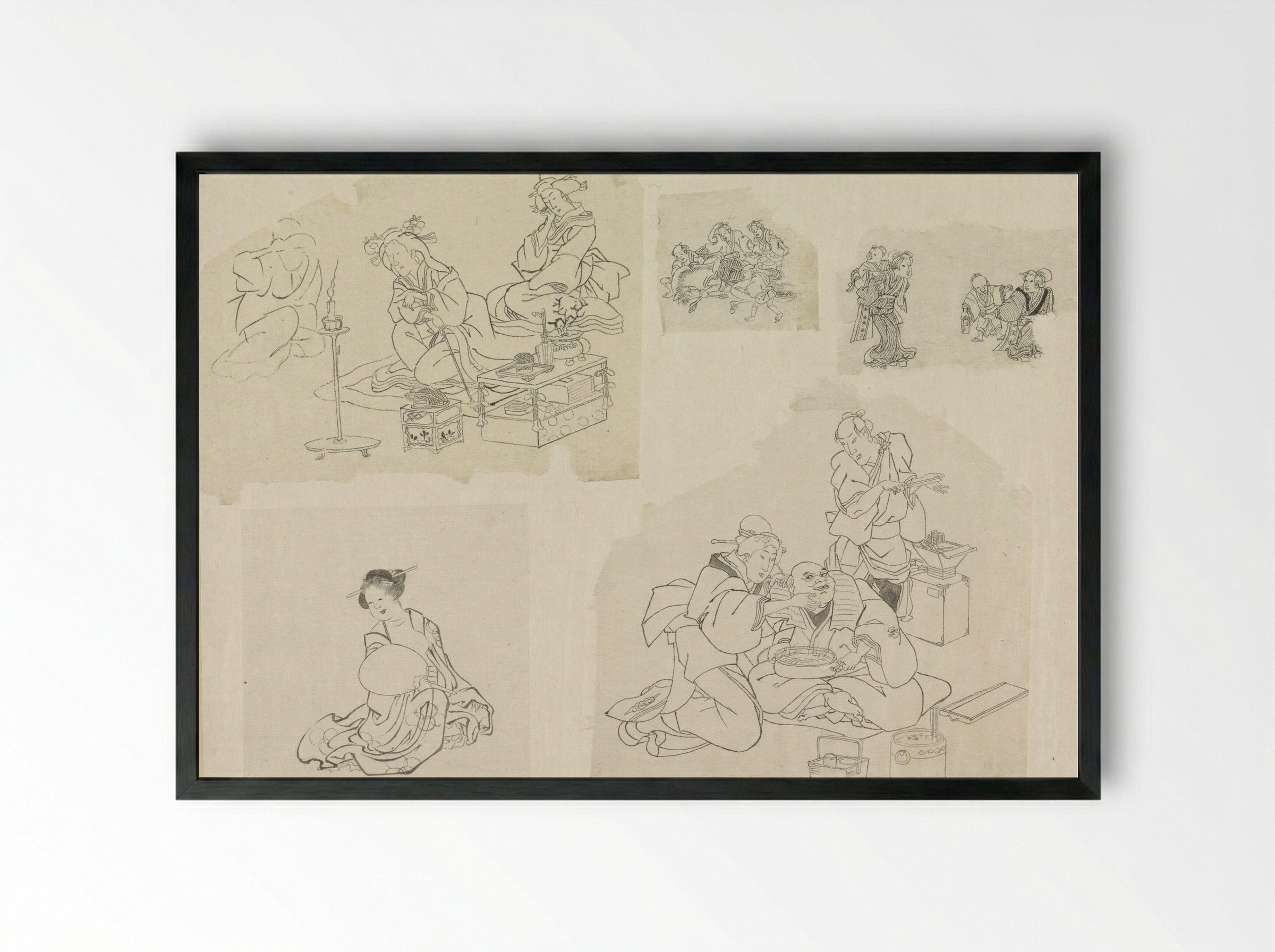 Five Sketches of People in Various Situations - Katsushika Hokusai - Framed Print Black