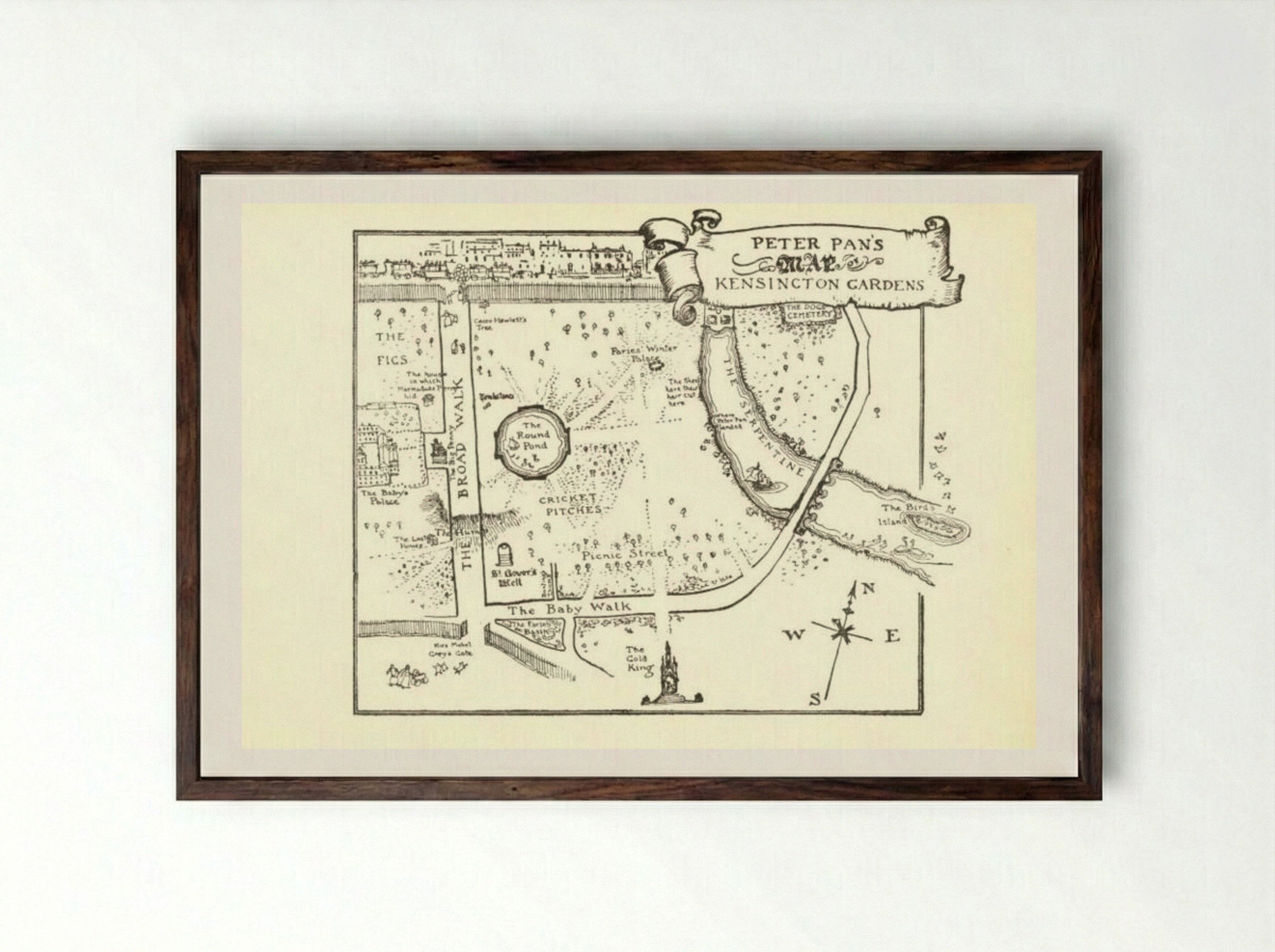 Map of Peter Pan's Kensington Gardens - Arthur Rackham - Framed Print Dark Wood