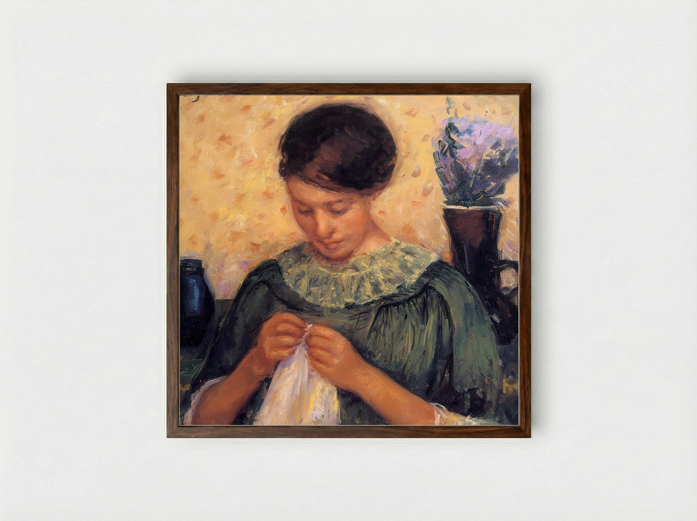Young Woman Sewing - Mary Cassatt - Framed Print Dark Wood