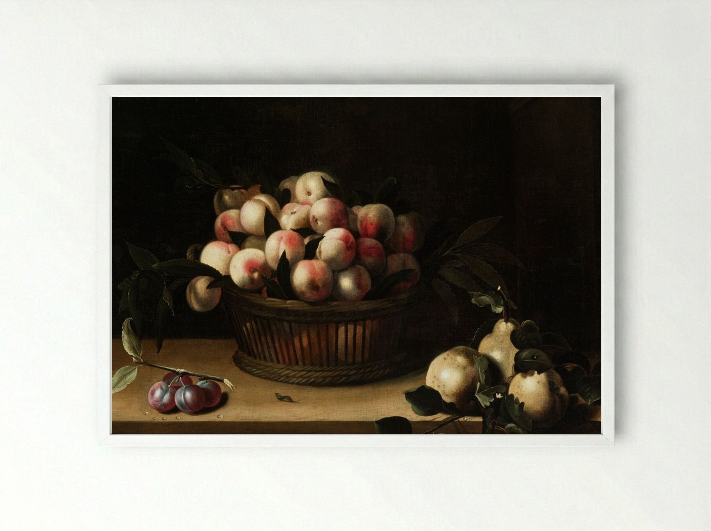 Basket of Peaches with Quinces and Plums - Louise Moillon - Framed Print White