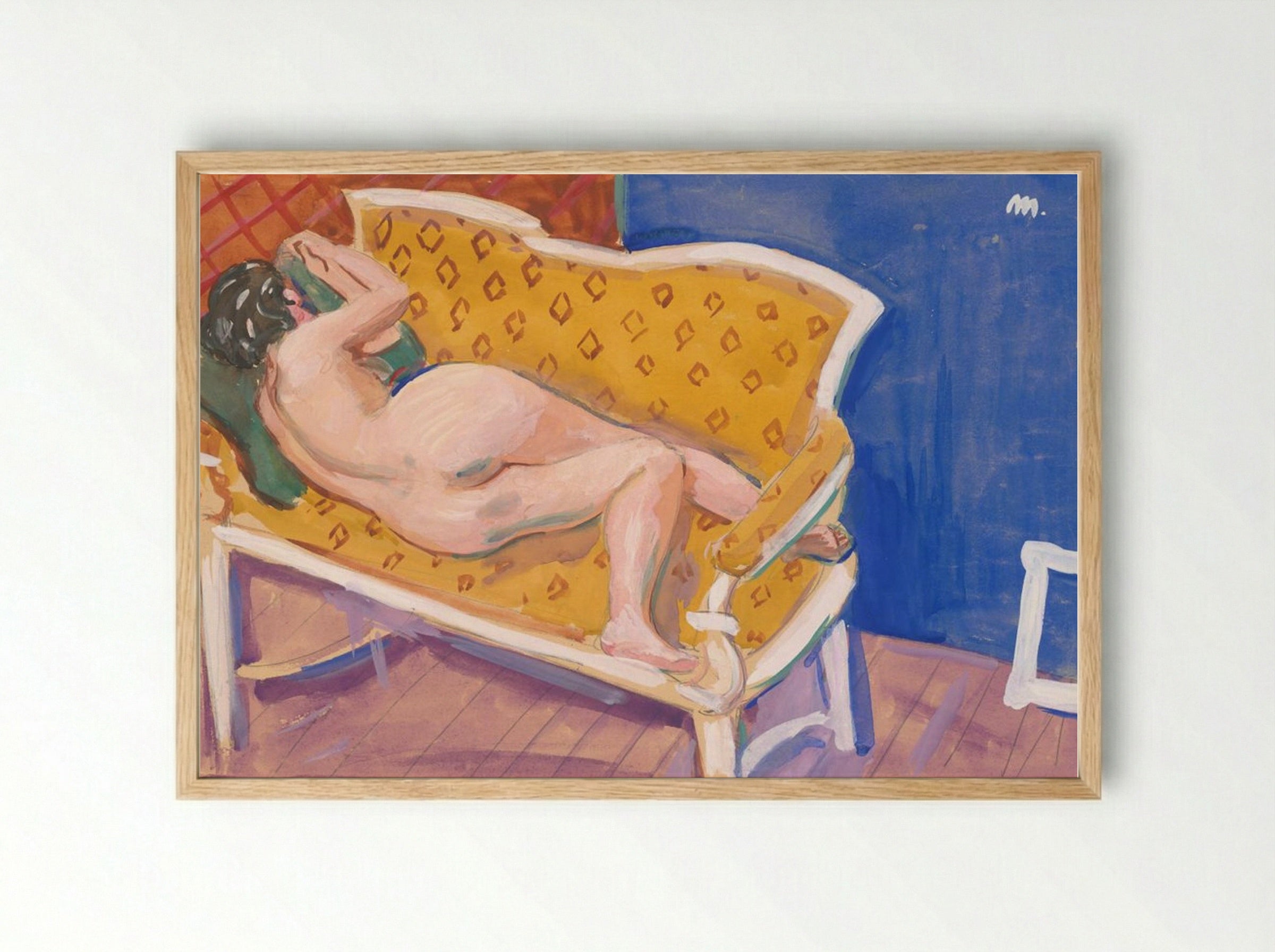 Reclining Nude on Yellow Sofa - Cyprián Majerník - Framed Print Wood