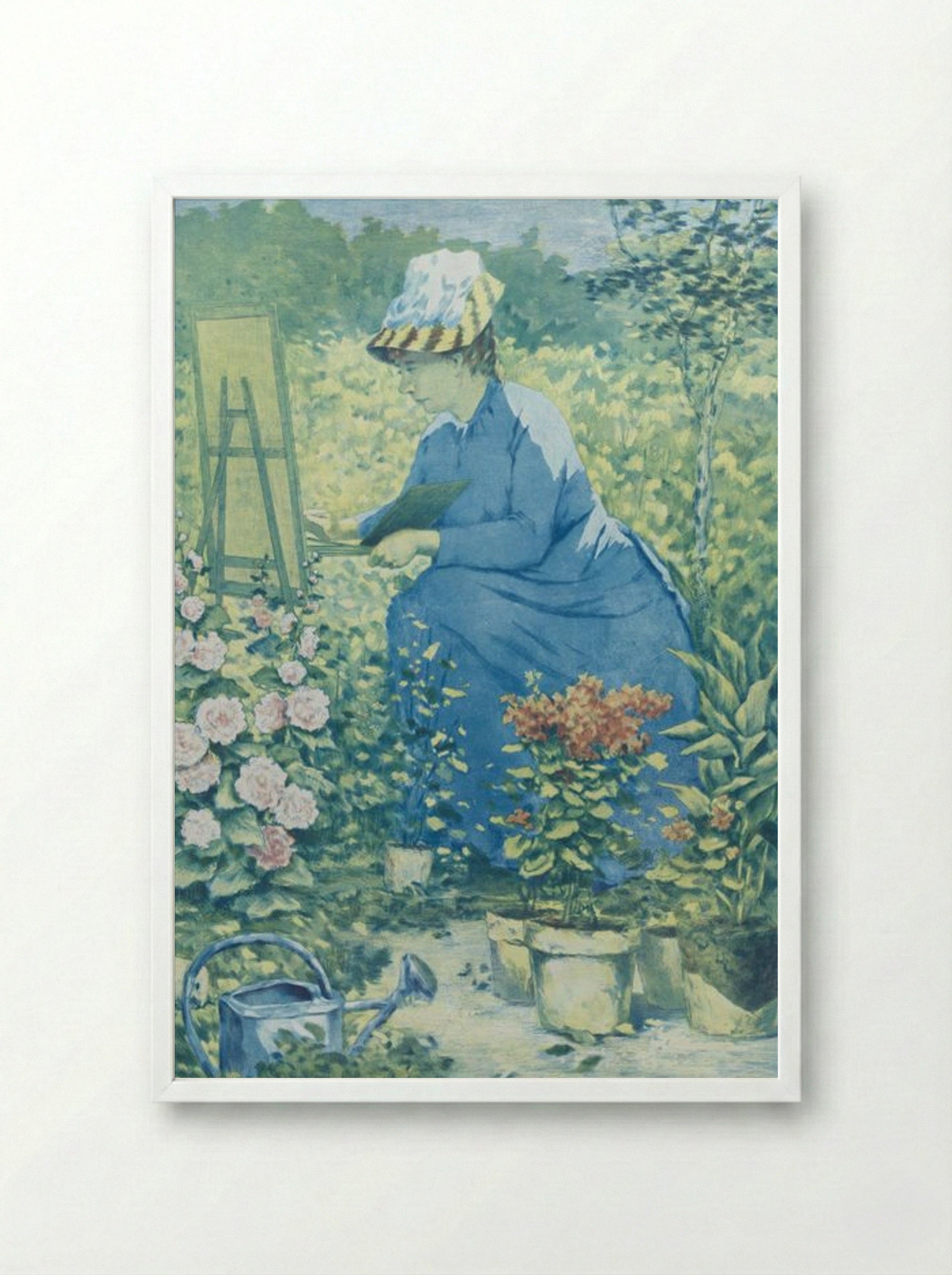 Jeanne Gonzales Painting in the Garden - Henri-Charles Guérard - Framed Print White