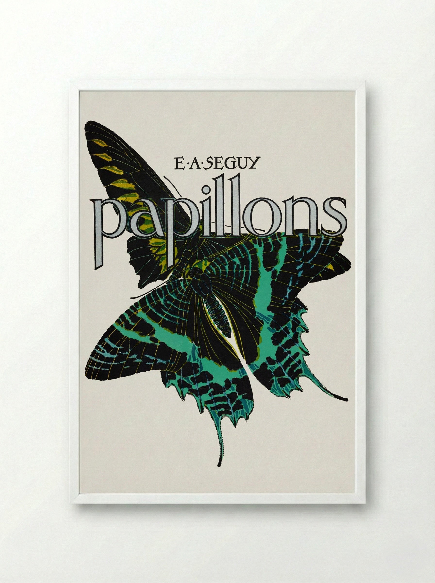 Papillons, Plate No. 1 (Teal and Black Butterfly) - Émile-Allain Séguy - Framed Print White