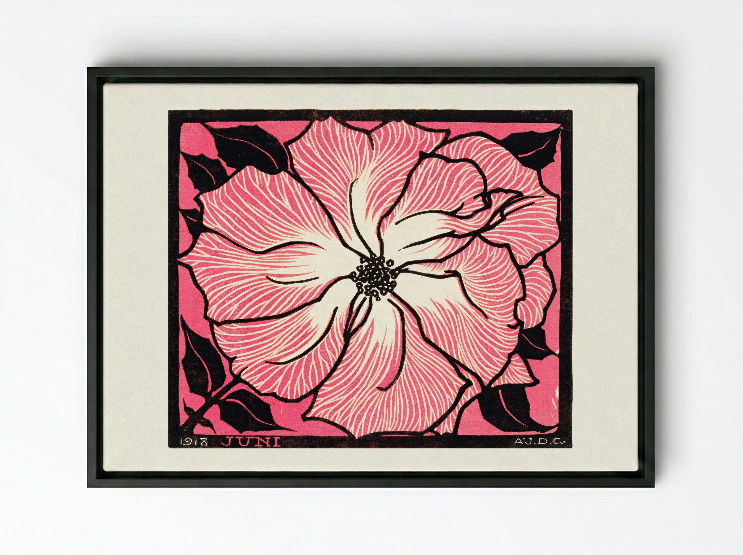 June (Floral Woodcut) - Julie de Graag - Framed Canvas Black