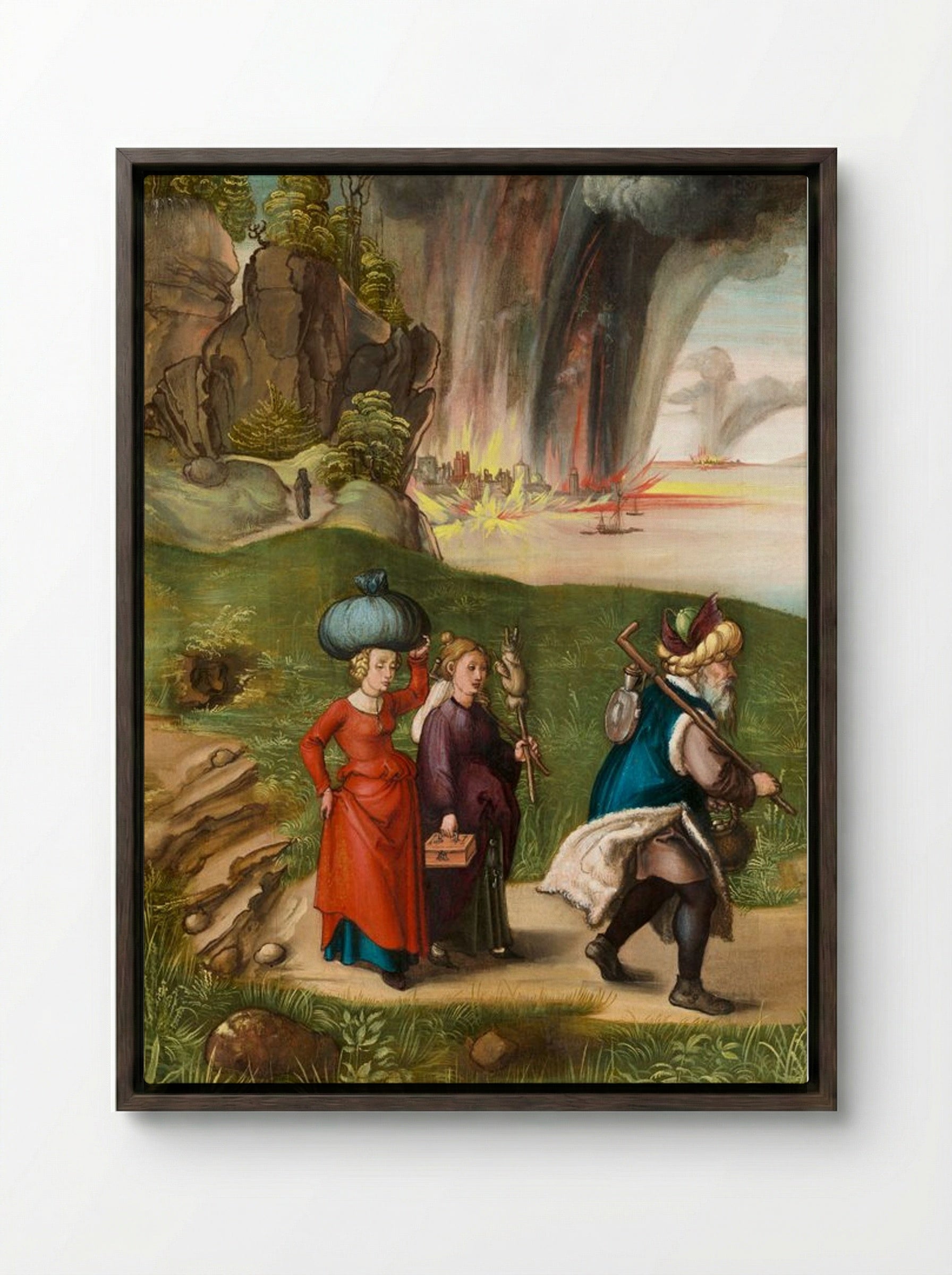 The Destruction of Sodom (Reverse of Madonna and Child) - Albrecht Dürer - Framed Canvas Dark Wood