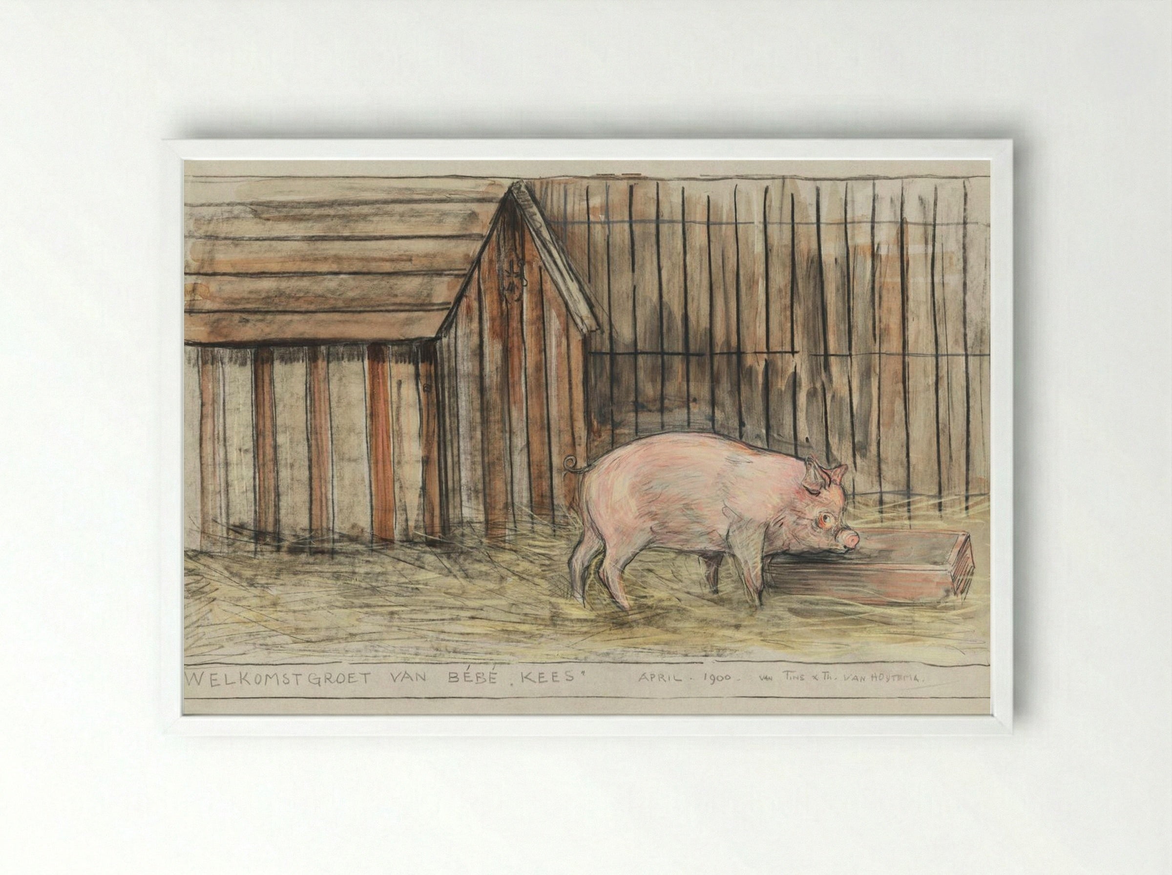 Varken Voor zijn kot bij een trog (Pig Before its Pen by a Trough) - Theo van Hoytema - Framed Print White