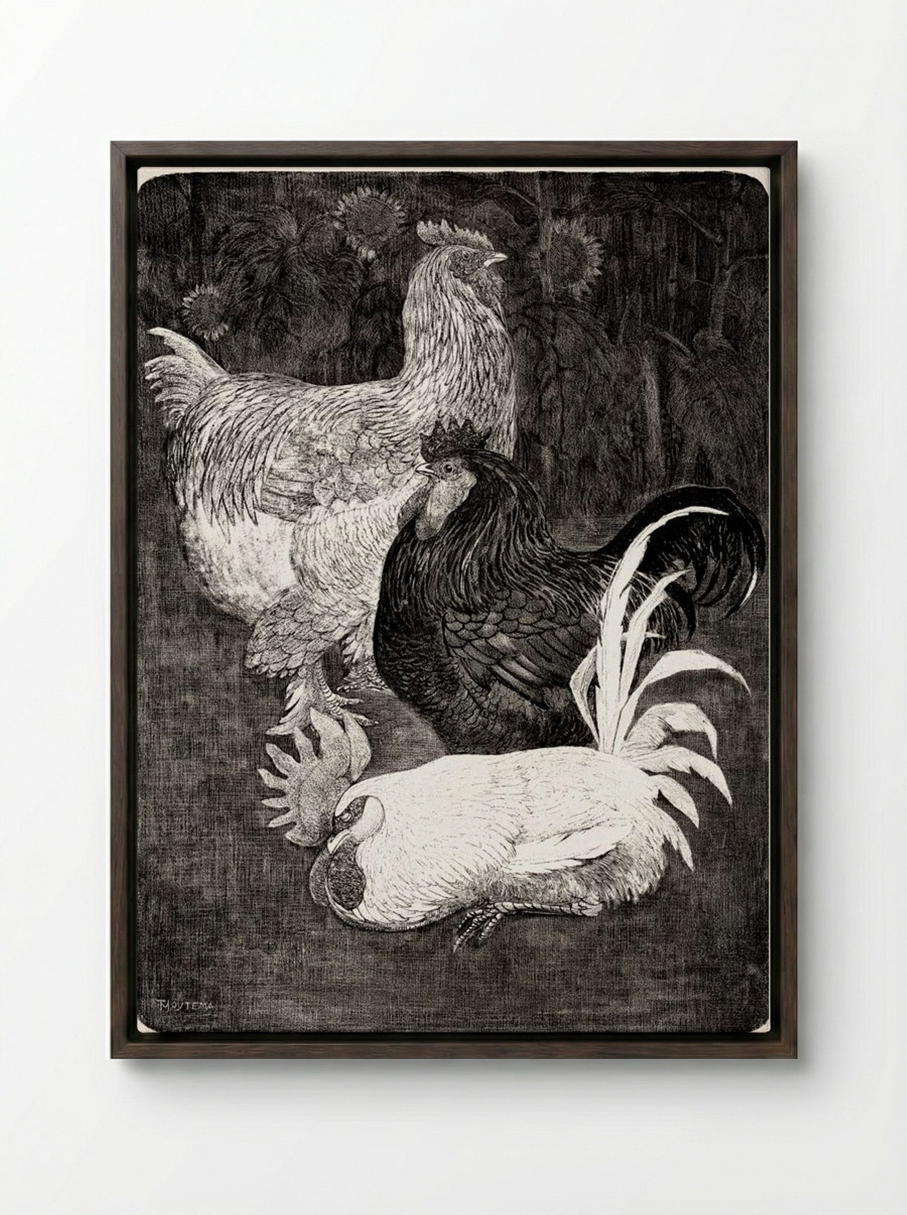 Drie Hanen (Three Roosters) - Theo van Hoytema - Framed Canvas Dark Wood