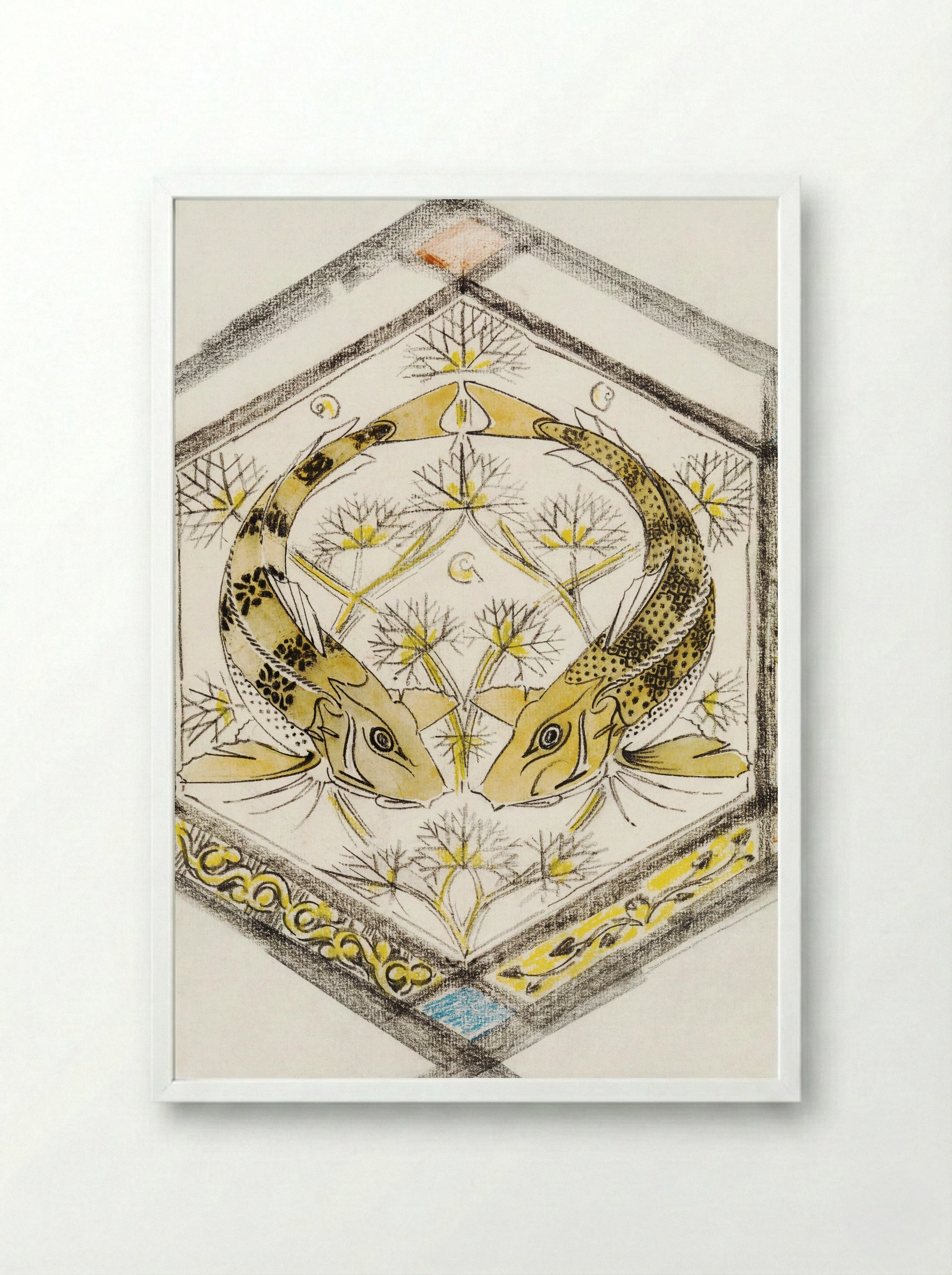 Decorative Design with Two Fish in a Hexagon - Gerrit Willem Dijsselhof - Framed Print White