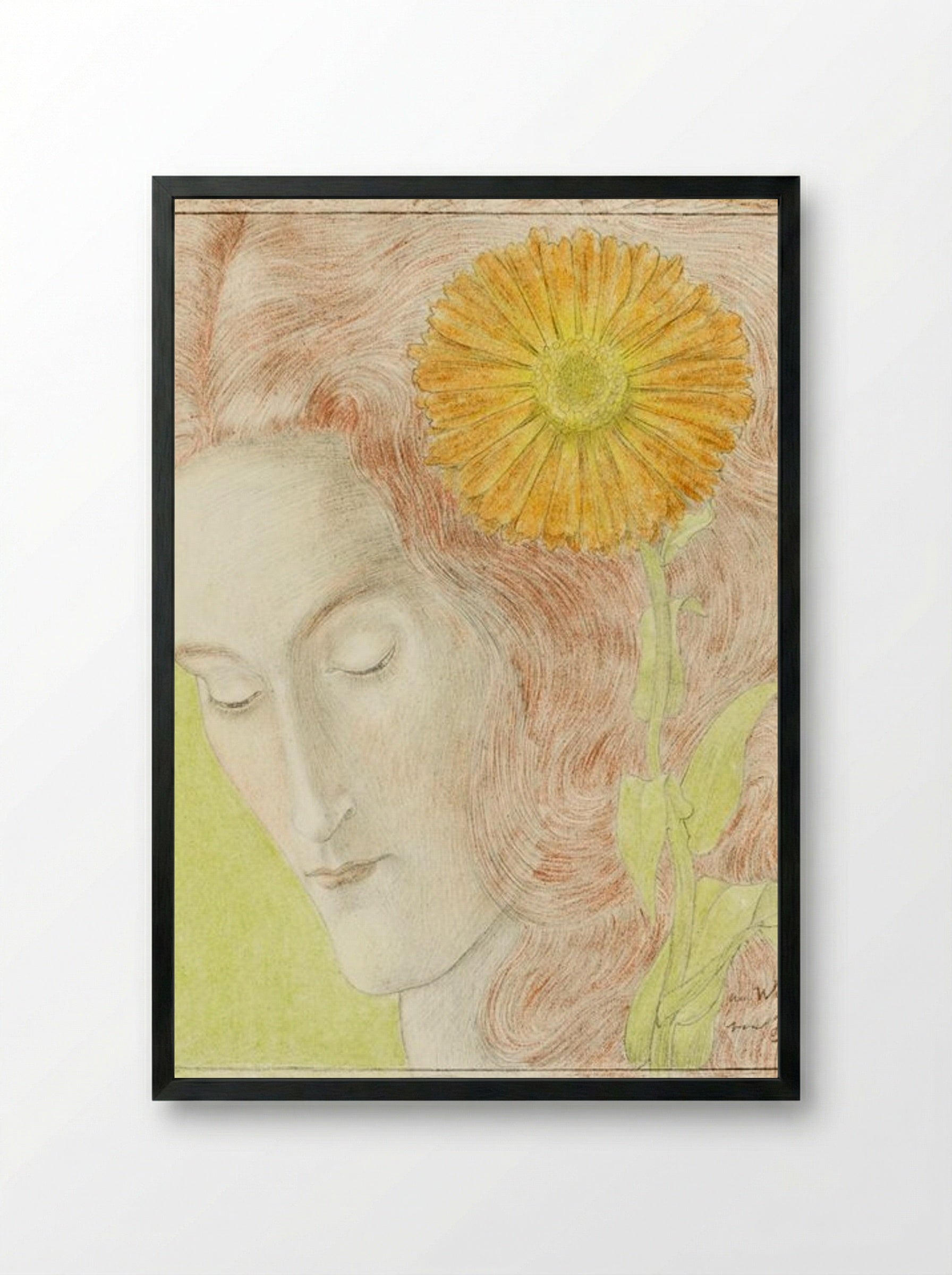 Woman's Head with Red Hair and Chrysanthemum - Jan Toorop - Framed Print Black