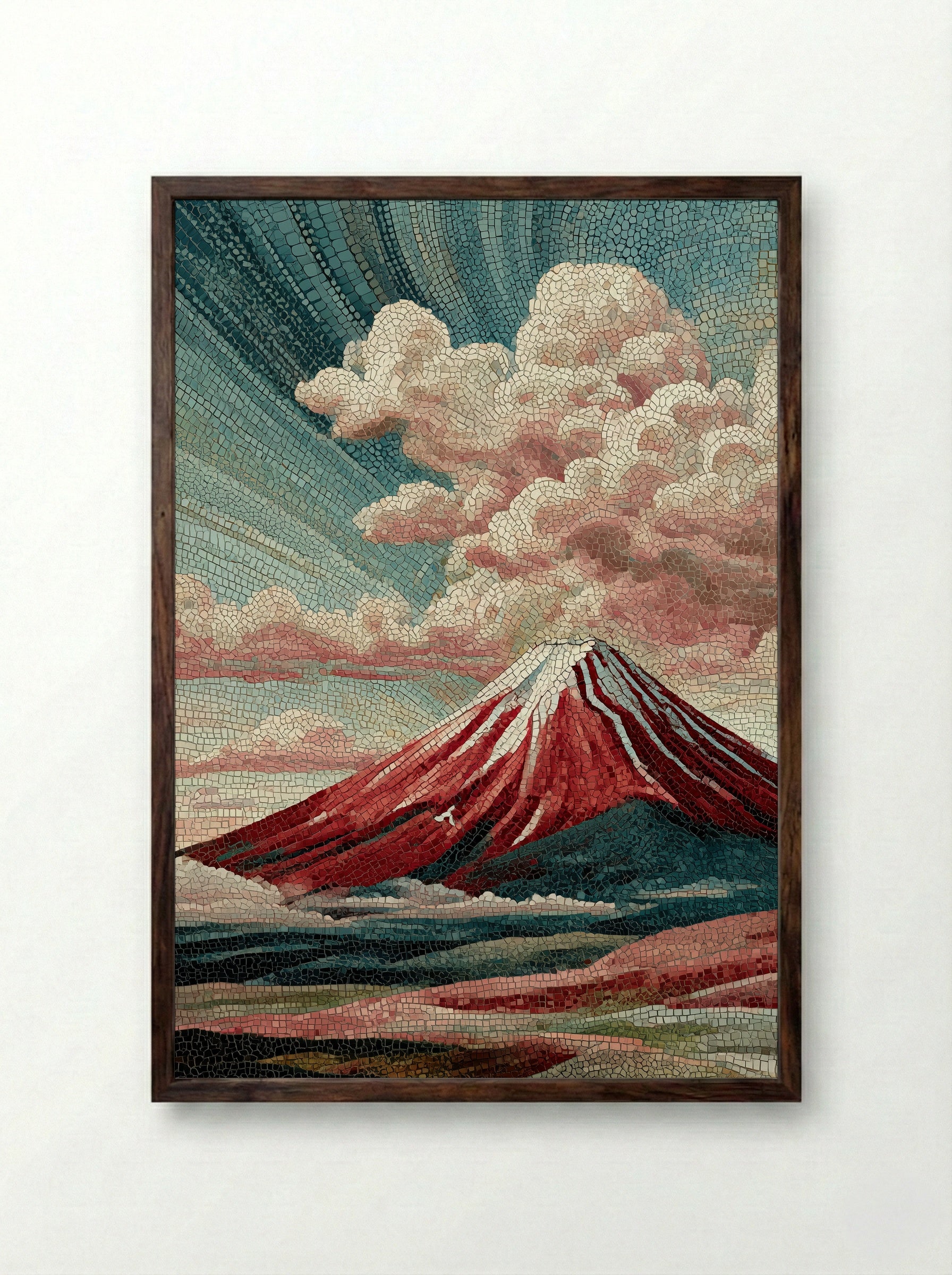 Red Fuji in Autumn - Japanese Mosaic Print - Framed Print Dark Wood